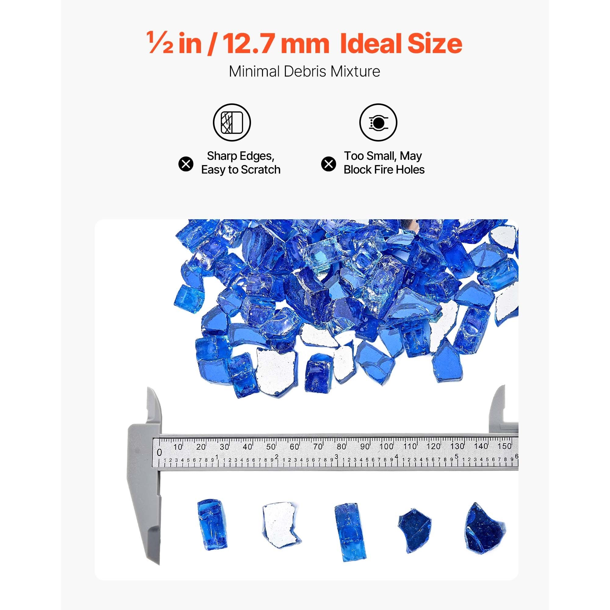 Fire Glass, 20LBS / 9KG High-Temperature Resistant Fireplace Rocks, 1/2-Inch / 12.7 mm Reflective & Smokeless Firepit Glass Rock, High Luster Stone Landscaping for Fire Pit Table, Cobalt Blue