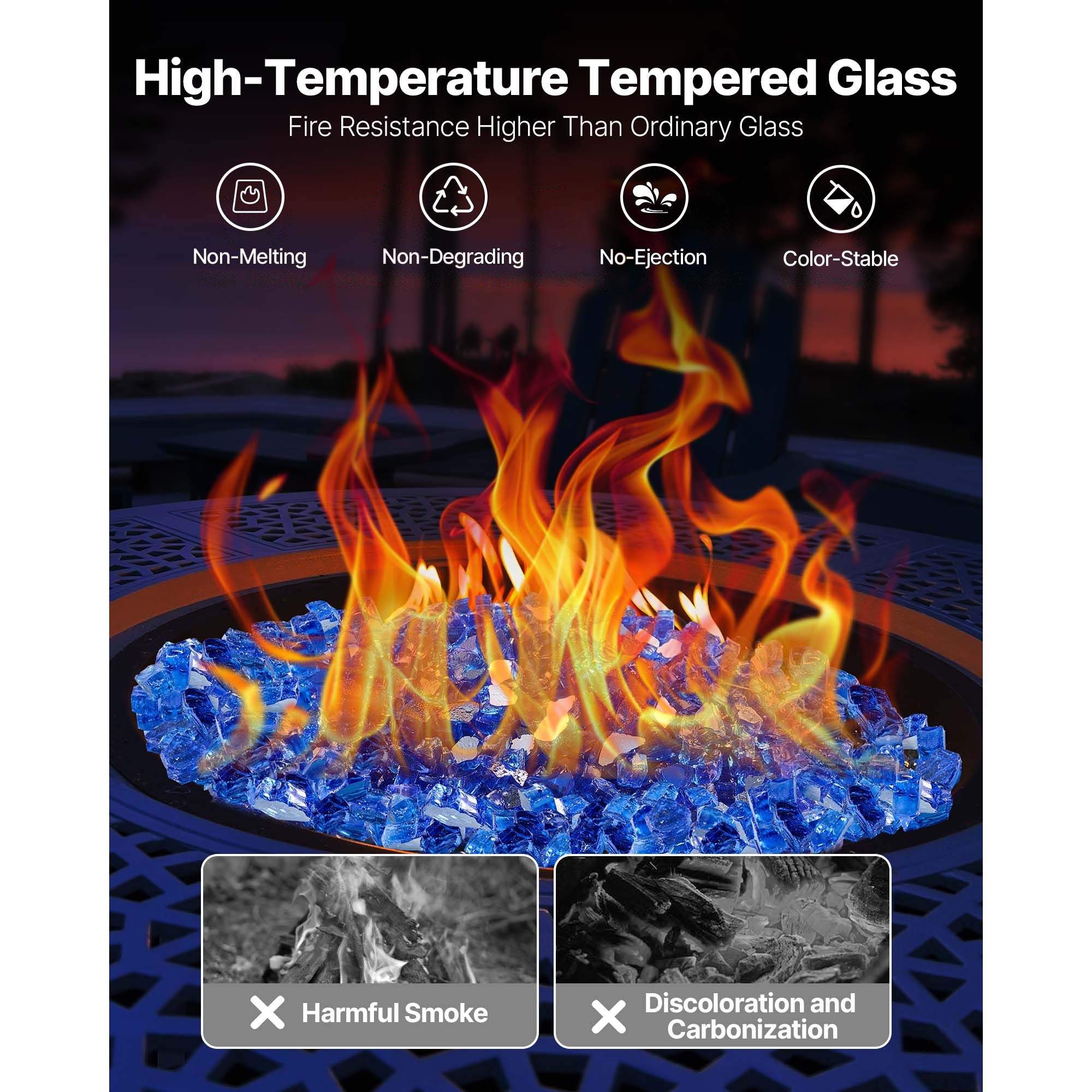 Fire Glass, 20LBS / 9KG High-Temperature Resistant Fireplace Rocks, 1/2-Inch / 12.7 mm Reflective & Smokeless Firepit Glass Rock, High Luster Stone Landscaping for Fire Pit Table, Cobalt Blue