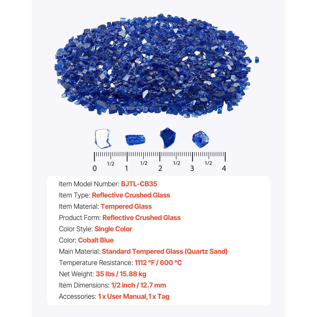 Fire Glass, 20LBS / 9KG High-Temperature Resistant Fireplace Rocks, 1/2-Inch / 12.7 mm Reflective & Smokeless Firepit Glass Rock, High Luster Stone Landscaping for Fire Pit Table, Cobalt Blue