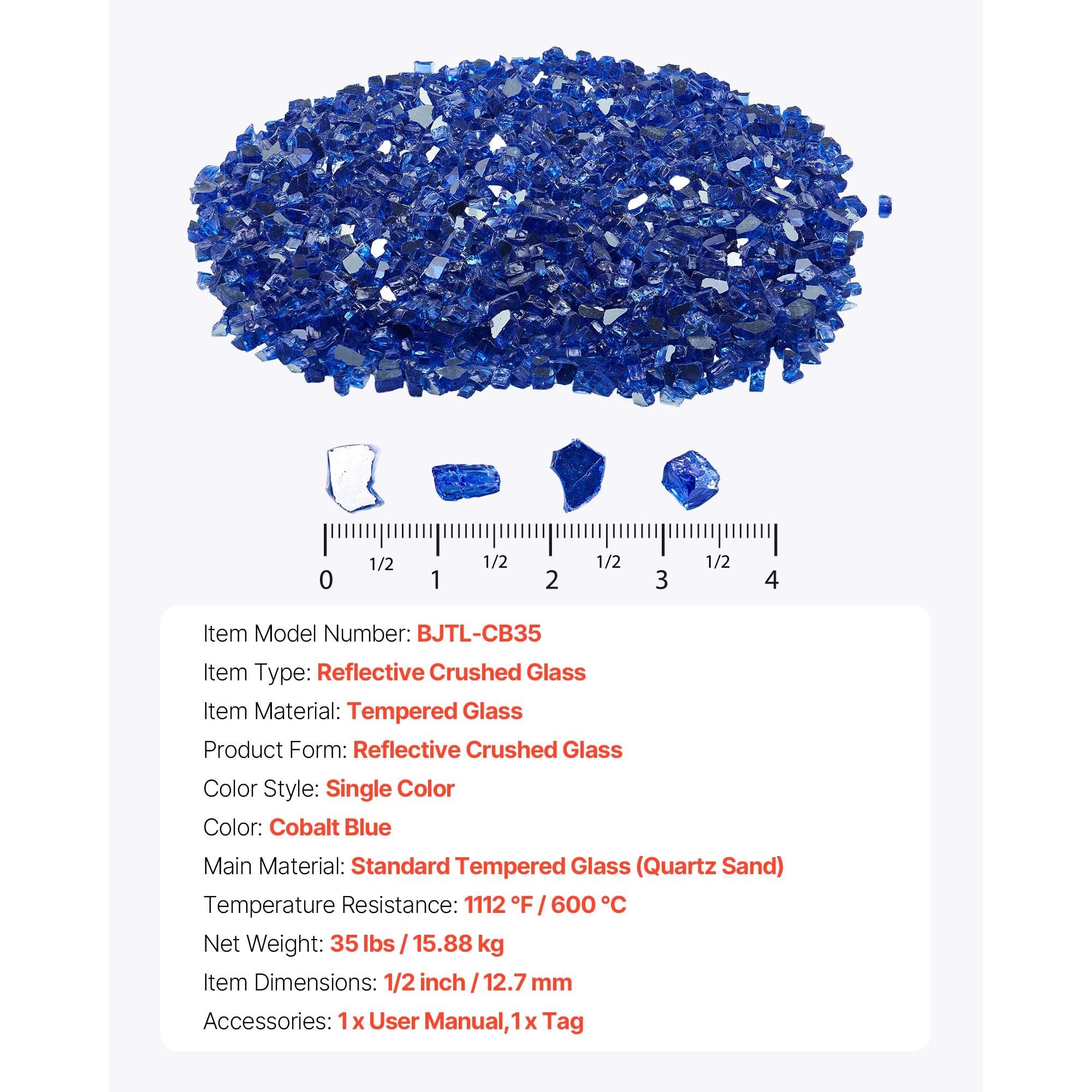 Fire Glass, 20LBS / 9KG High-Temperature Resistant Fireplace Rocks, 1/2-Inch / 12.7 mm Reflective & Smokeless Firepit Glass Rock, High Luster Stone Landscaping for Fire Pit Table, Cobalt Blue