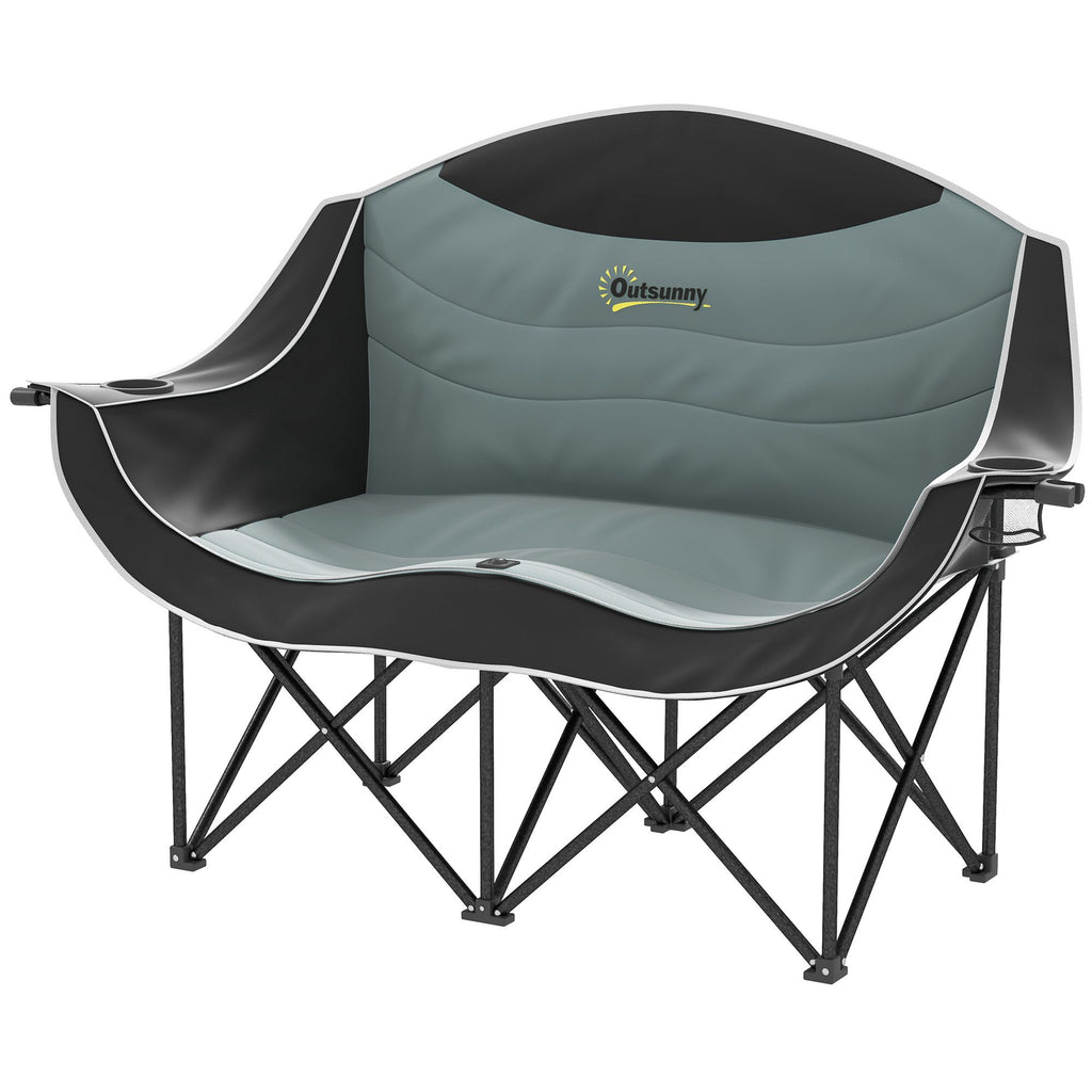 Padded Folding Camp Chair for Adults, Double Camping Chairwith Armrests, Cup Holders, Carry Bag for Outdoor, Black