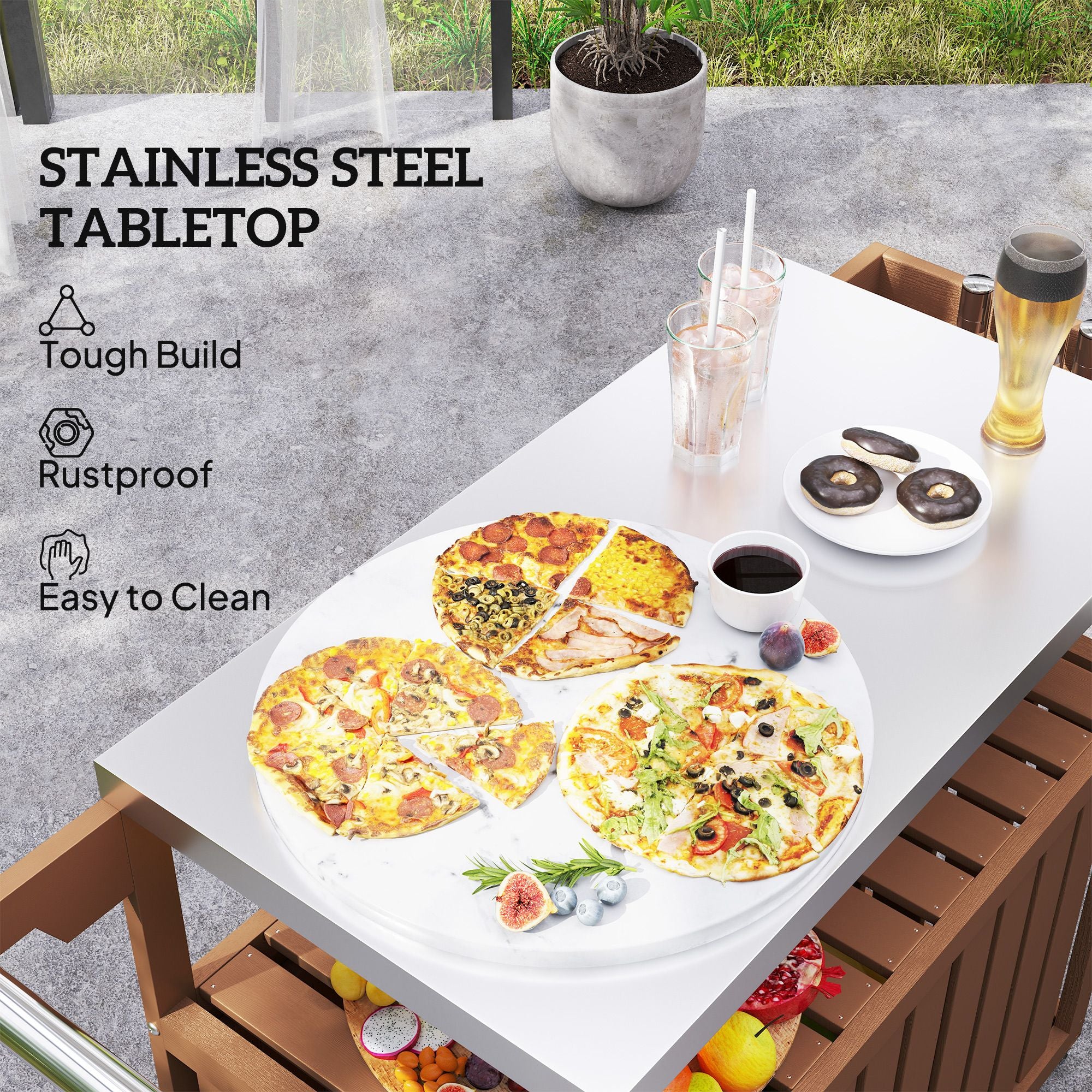 Outdoor Bar Cart with Storage, Stainless Steel Outdoor Bar Table Top, Wheeled HDPE Kitchen Island for Food Prep, Brown