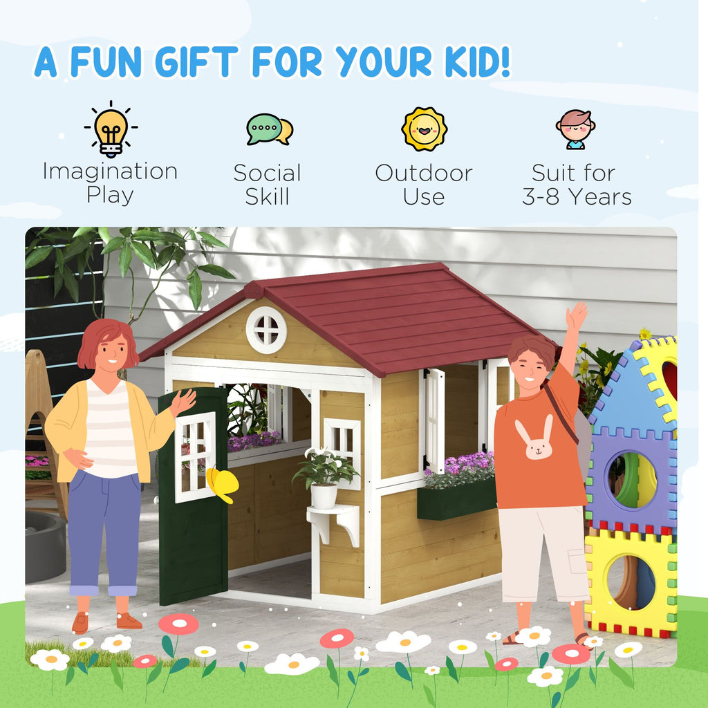 Wooden Playhouse for Kids Outdoor, Doors, Windows, Planter Pots, Beige, Toddlers 3-8 Years