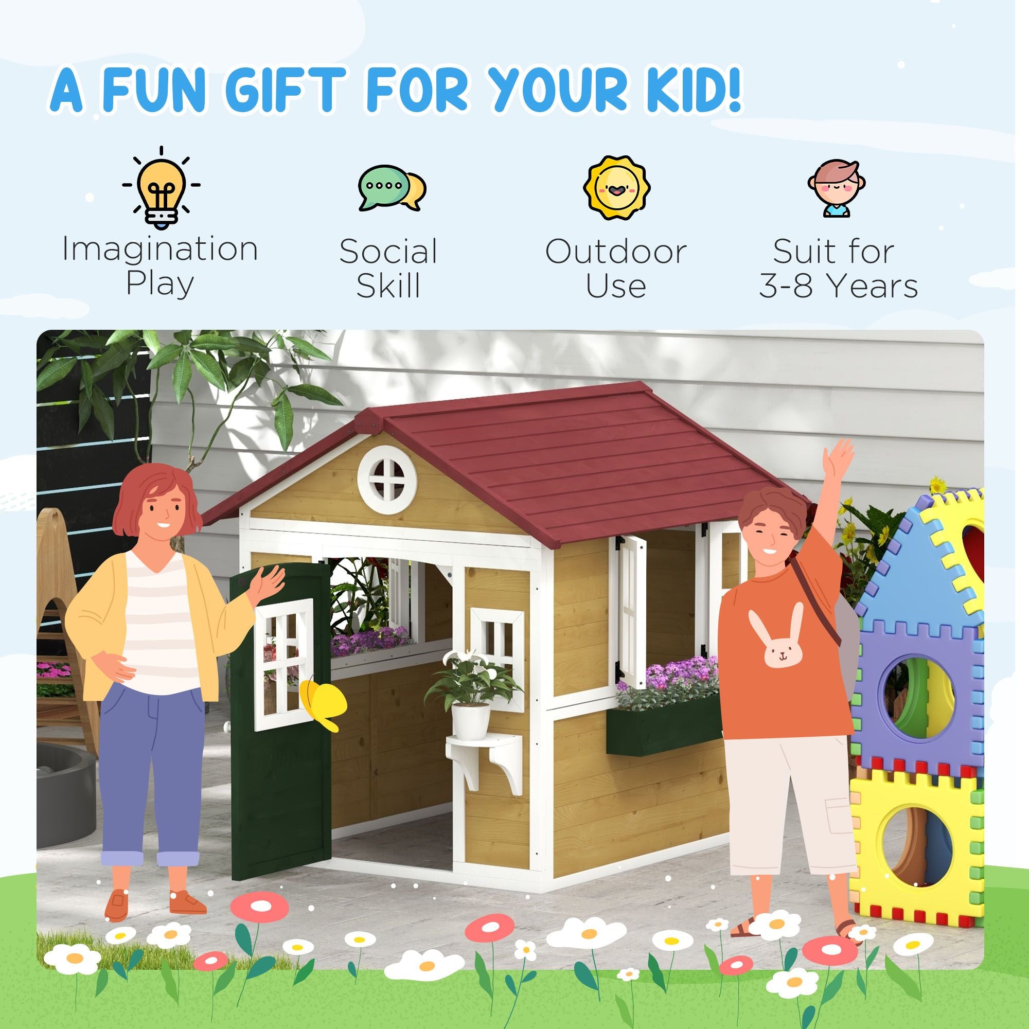 Wooden Playhouse for Kids Outdoor, Doors, Windows, Planter Pots, Beige, Toddlers 3-8 Years