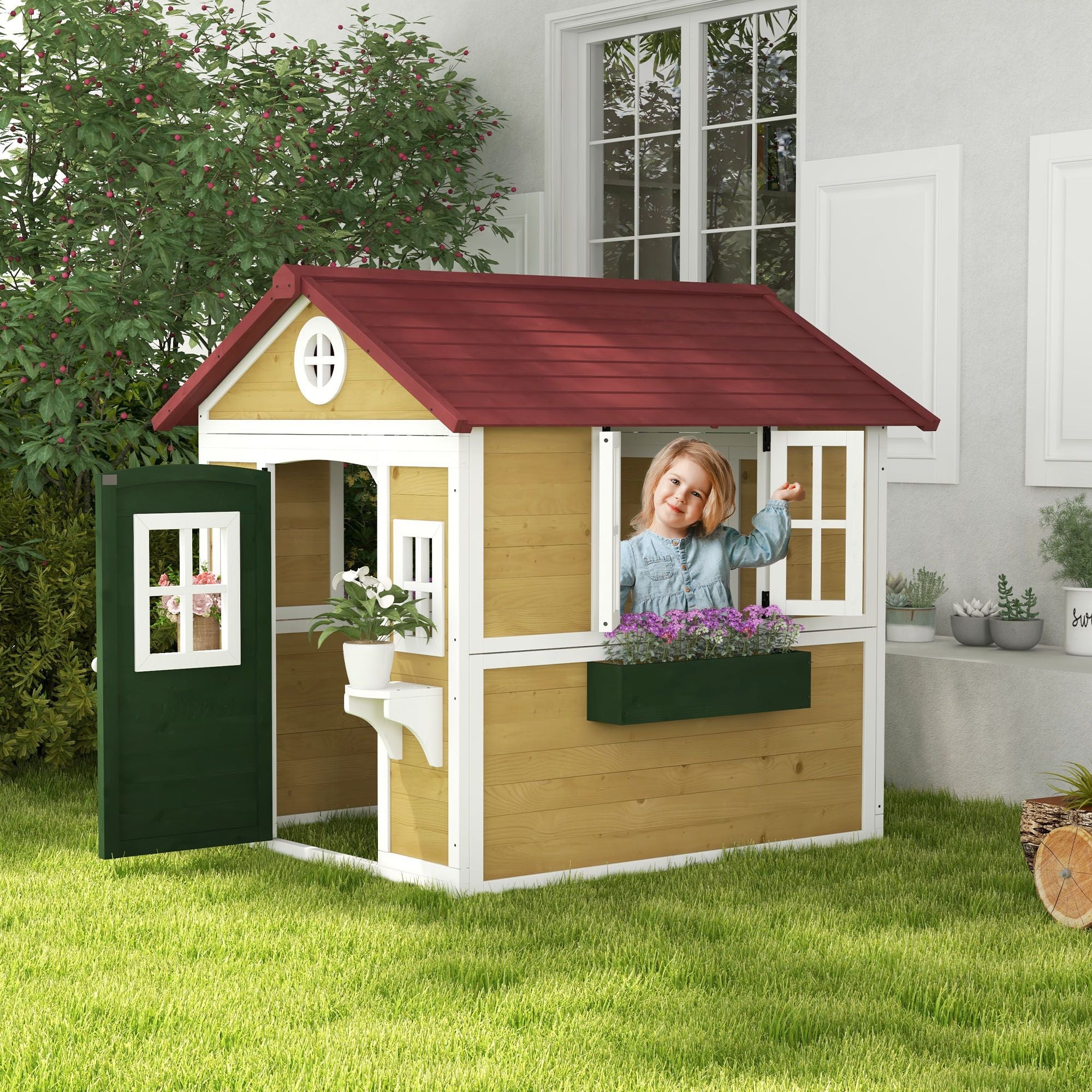 Wooden Playhouse for Kids Outdoor, Doors, Windows, Planter Pots, Beige, Toddlers 3-8 Years