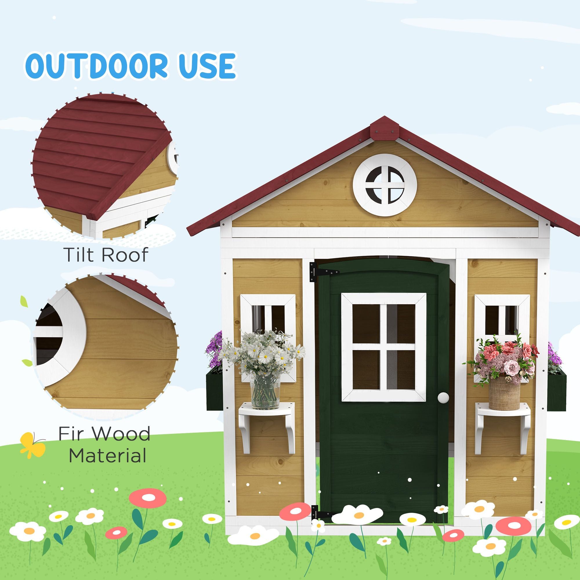 Wooden Playhouse for Kids Outdoor, Doors, Windows, Planter Pots, Beige, Toddlers 3-8 Years