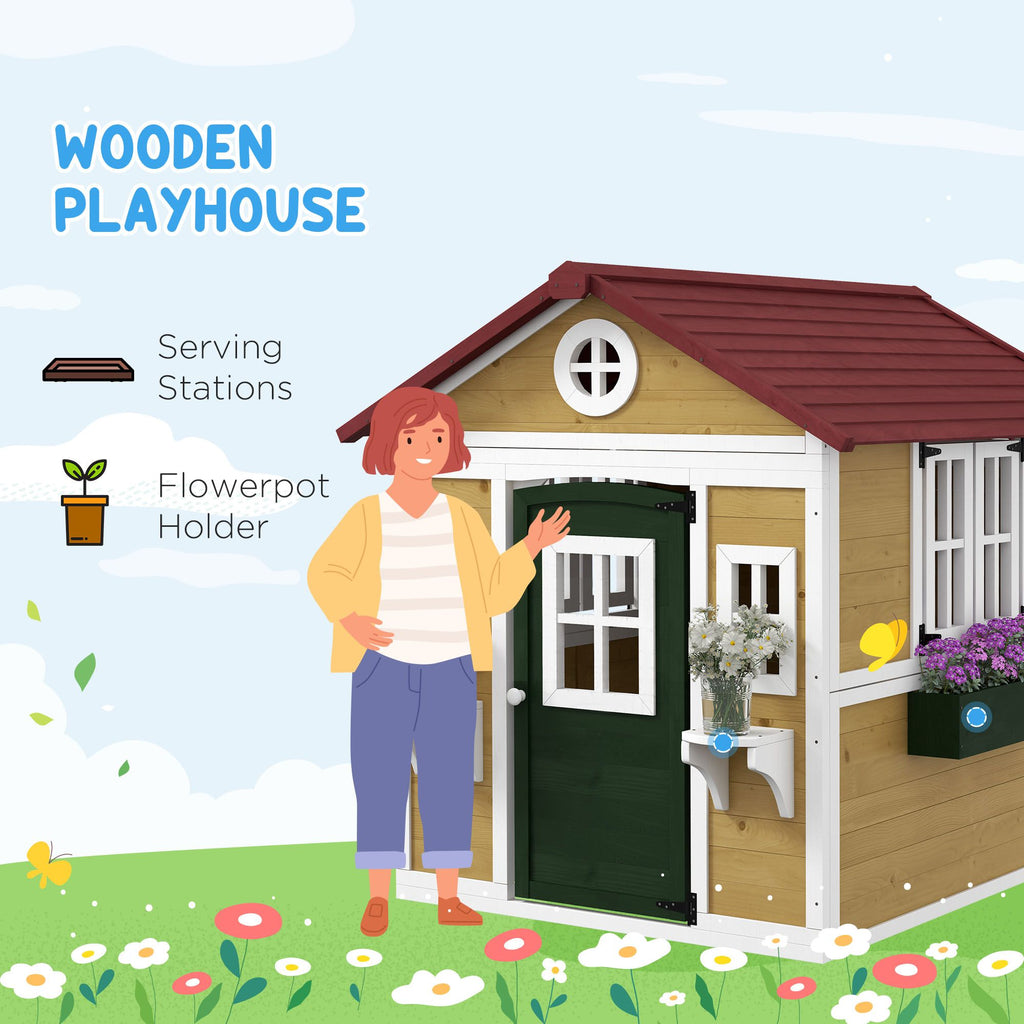 Wooden Playhouse for Kids Outdoor, Doors, Windows, Planter Pots, Beige, Toddlers 3-8 Years