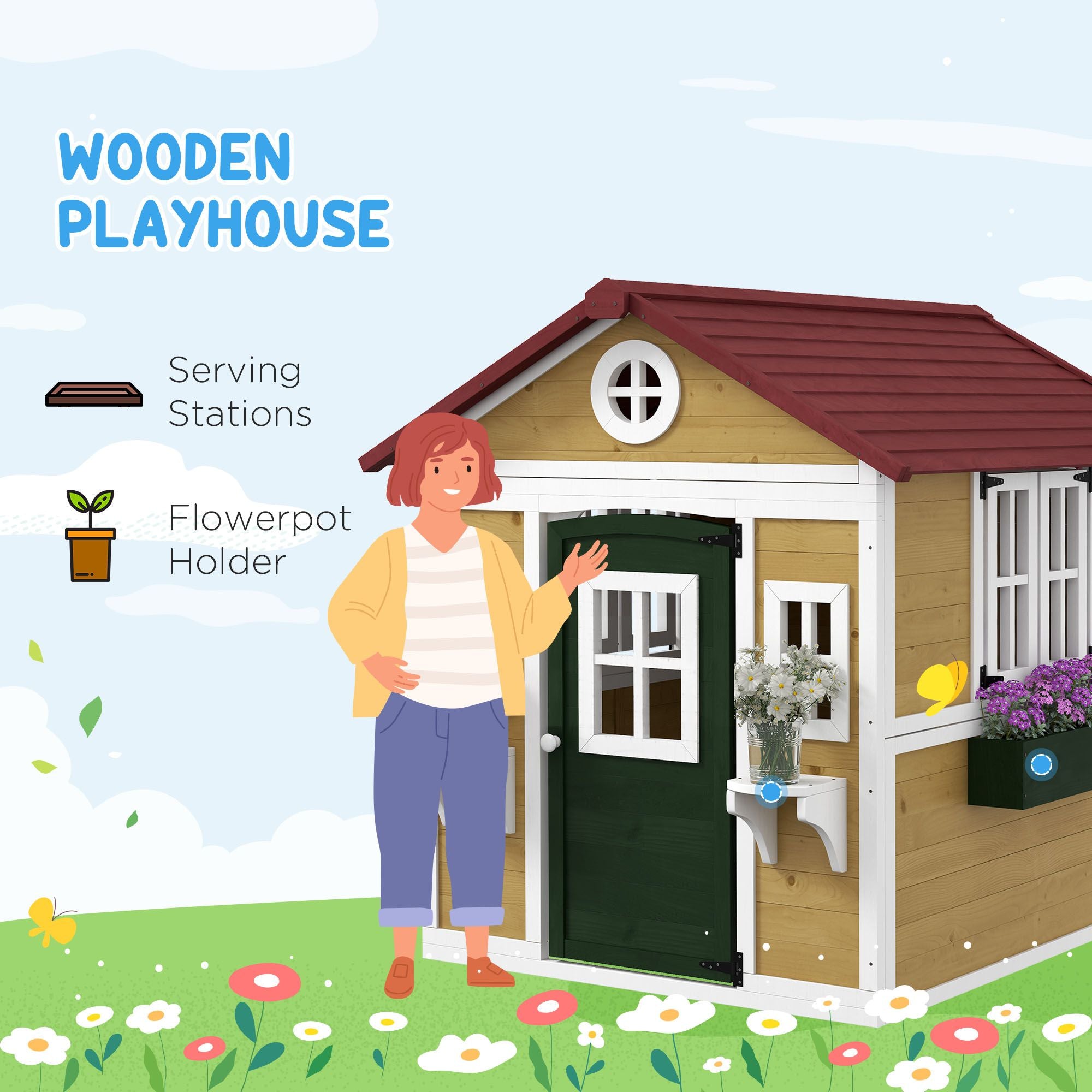 Wooden Playhouse for Kids Outdoor, Doors, Windows, Planter Pots, Beige, Toddlers 3-8 Years