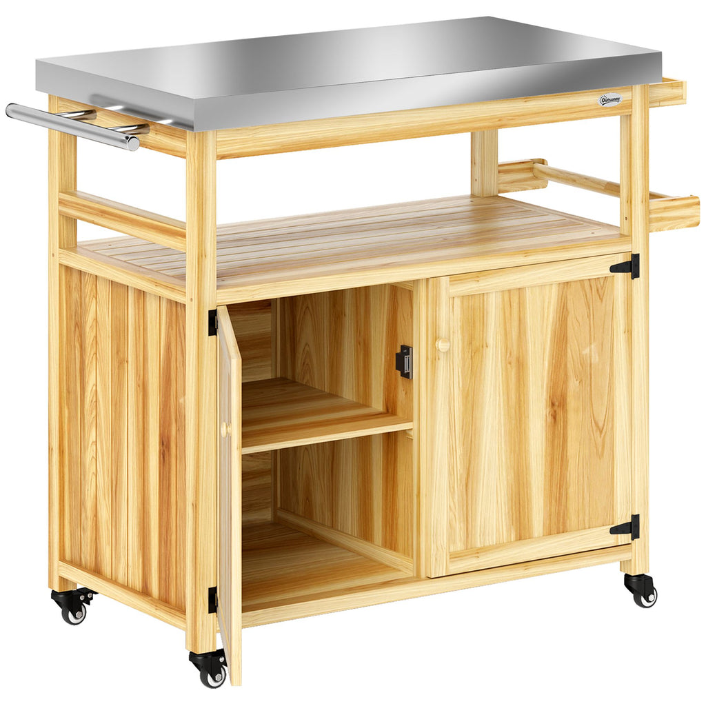 Outdoor Grill Cart w/ Stainless Steel Top, Solid Wood Outdoor Kitchen Island w/ Wheels, Storage Cabinets, Natural Wood
