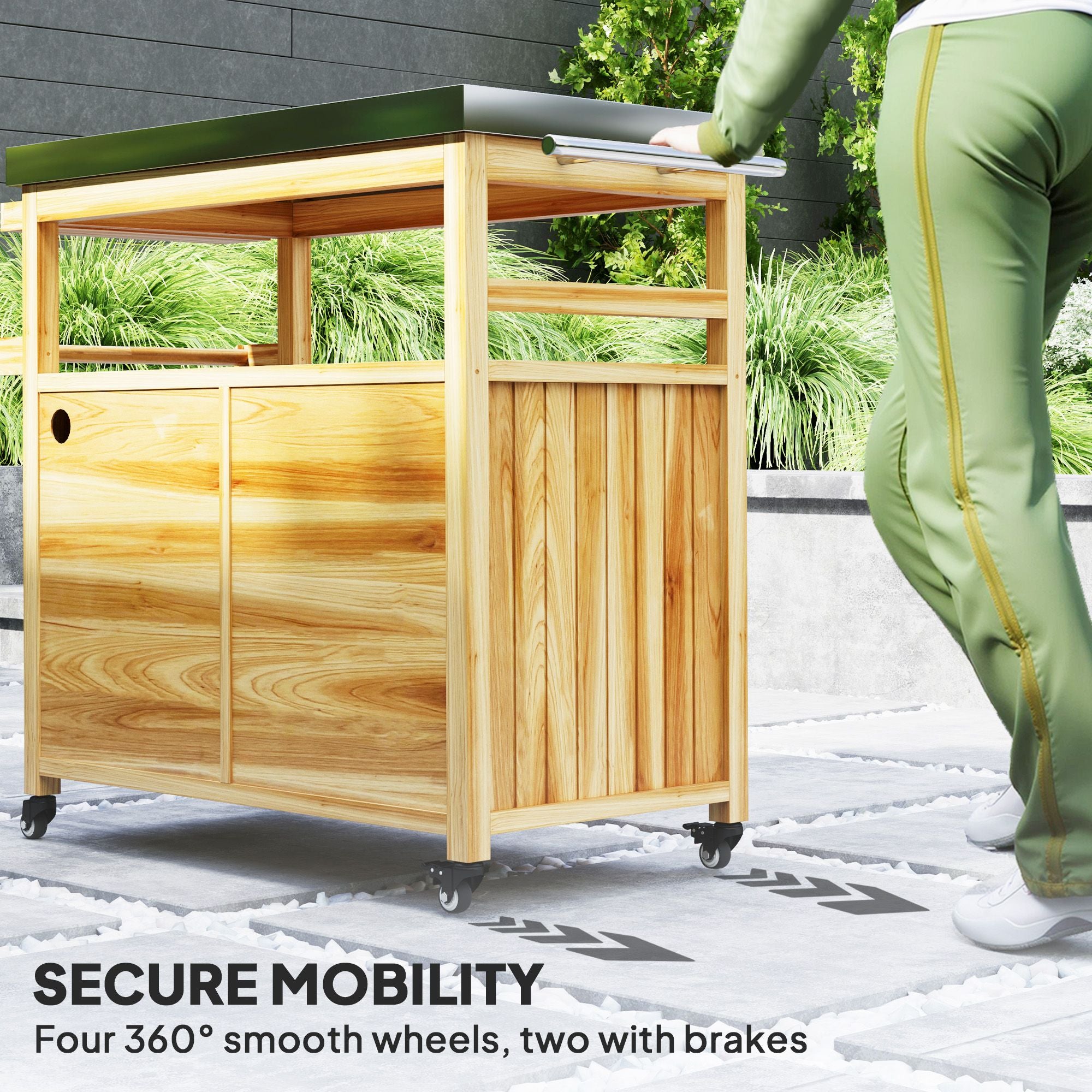 Outdoor Grill Cart w/ Stainless Steel Top, Solid Wood Outdoor Kitchen Island w/ Wheels, Storage Cabinets, Natural Wood