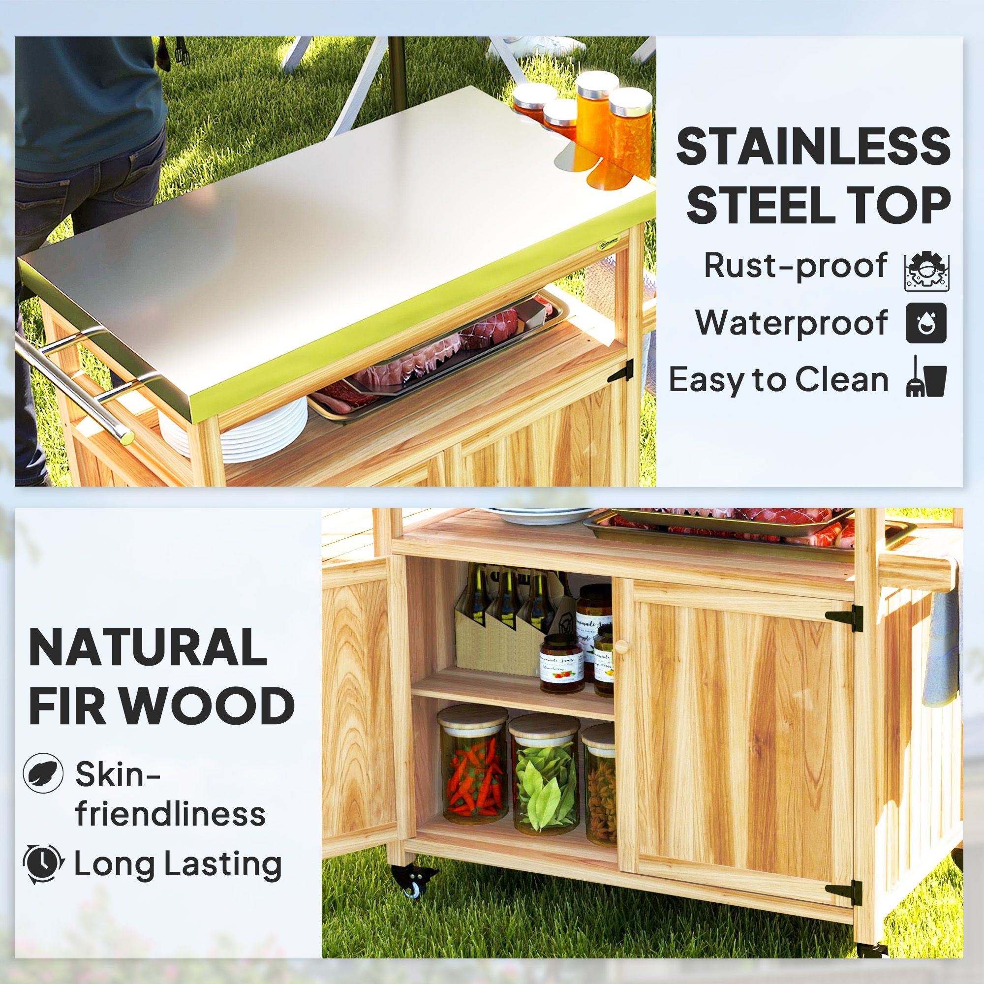 Outdoor Grill Cart w/ Stainless Steel Top, Solid Wood Outdoor Kitchen Island w/ Wheels, Storage Cabinets, Natural Wood