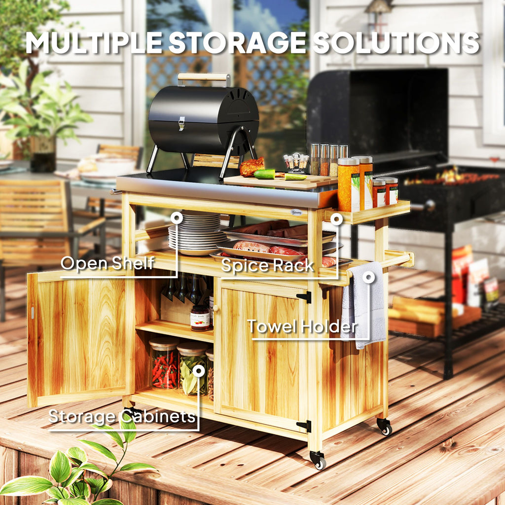 Outdoor Grill Cart w/ Stainless Steel Top, Solid Wood Outdoor Kitchen Island w/ Wheels, Storage Cabinets, Natural Wood