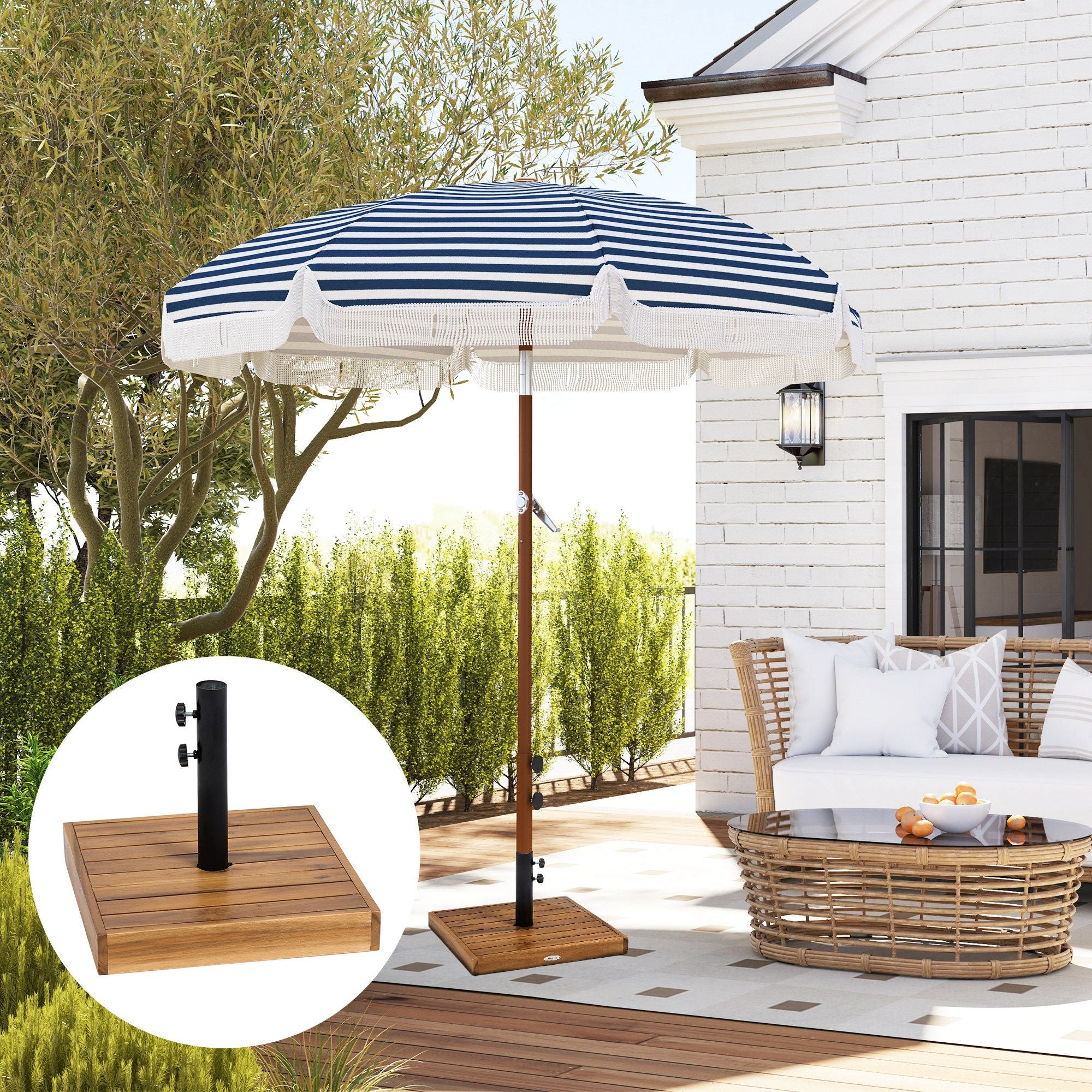 Square Patio Umbrella Base, 42 lbs Concrete Heavy Duty Umbrella Base with Holder for 1.25"/1.5" Poles for Outdoor, Lawn, Poolside, Teak