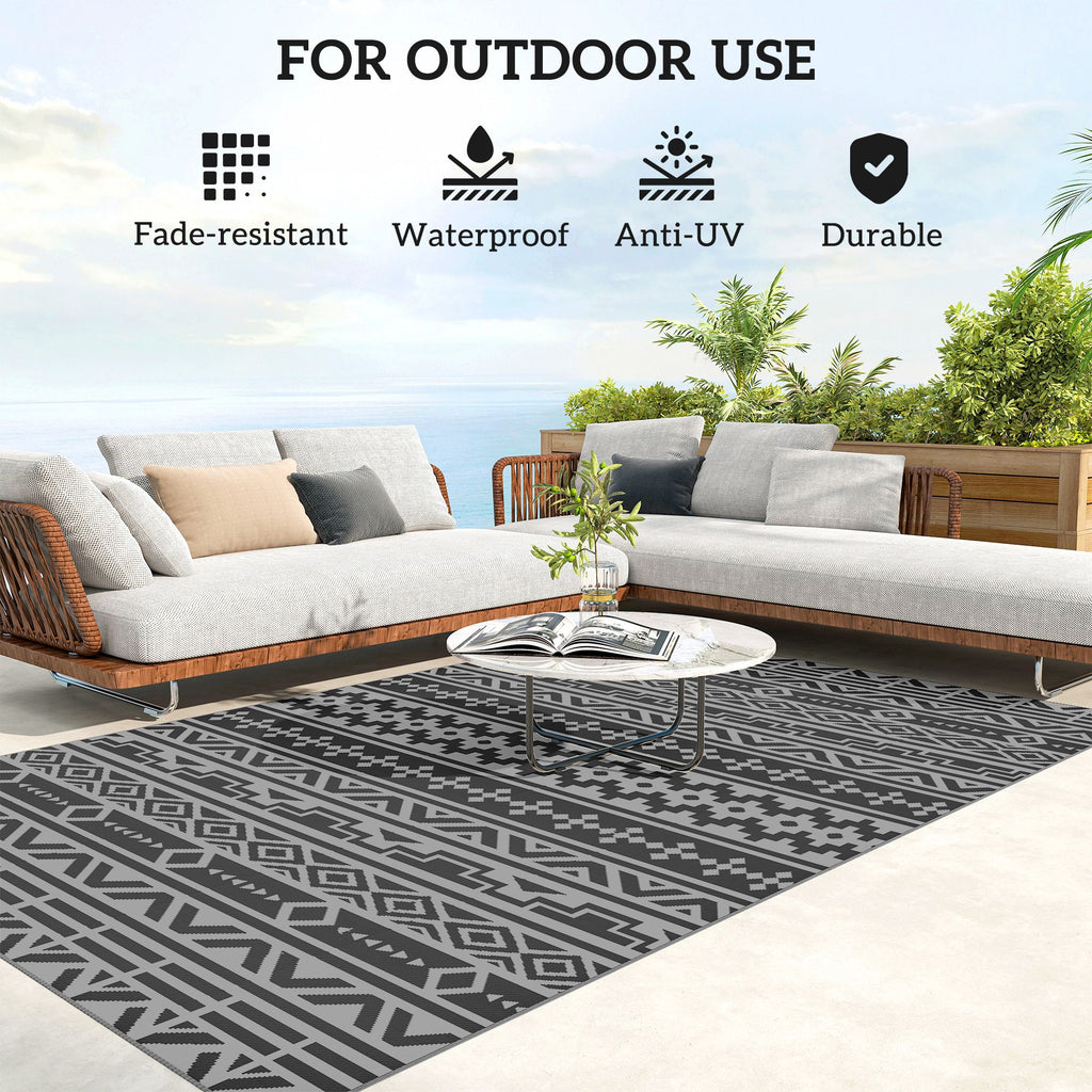 Reversible Outdoor Rug, Waterproof Plastic Straw with Carry Bag, 6' x 9', Black & Gray Geometric Wall