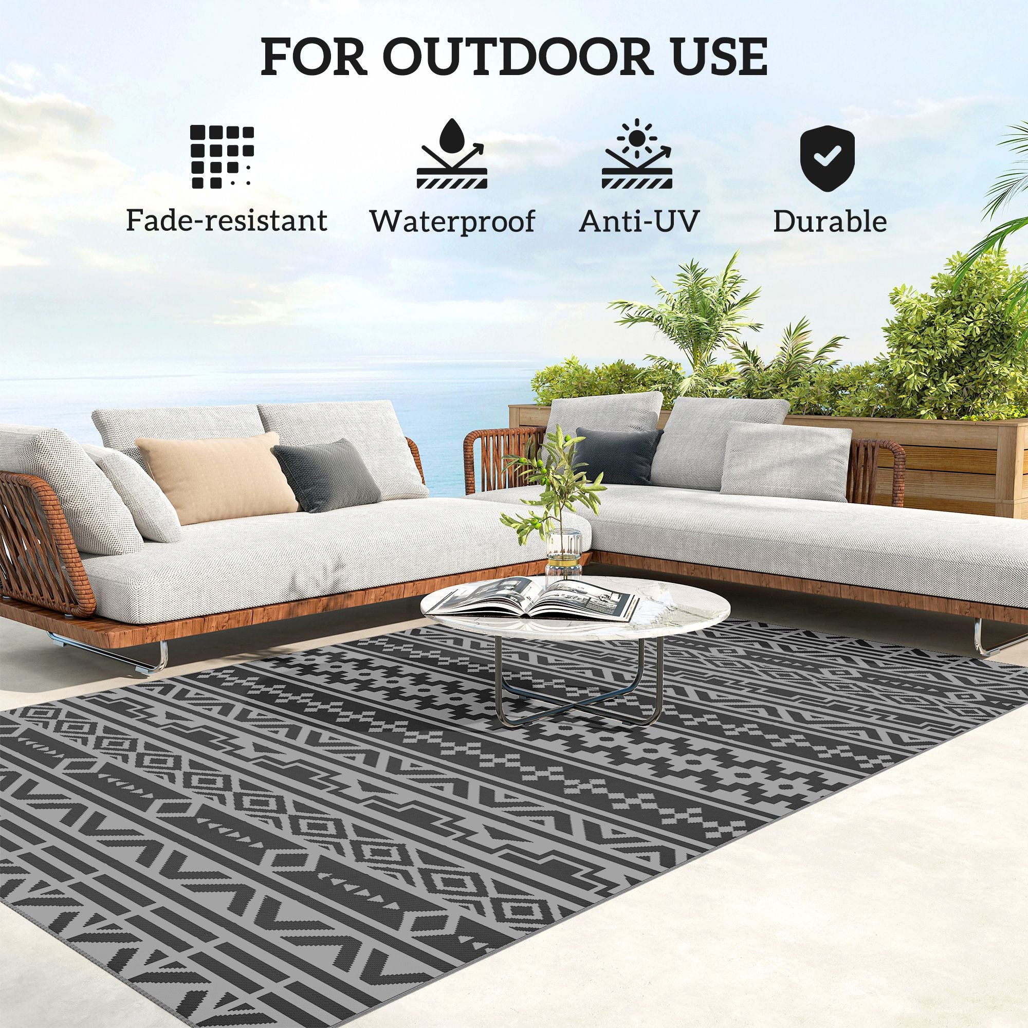 Reversible Outdoor Rug, Waterproof Plastic Straw with Carry Bag, 6' x 9', Black & Gray Geometric Wall