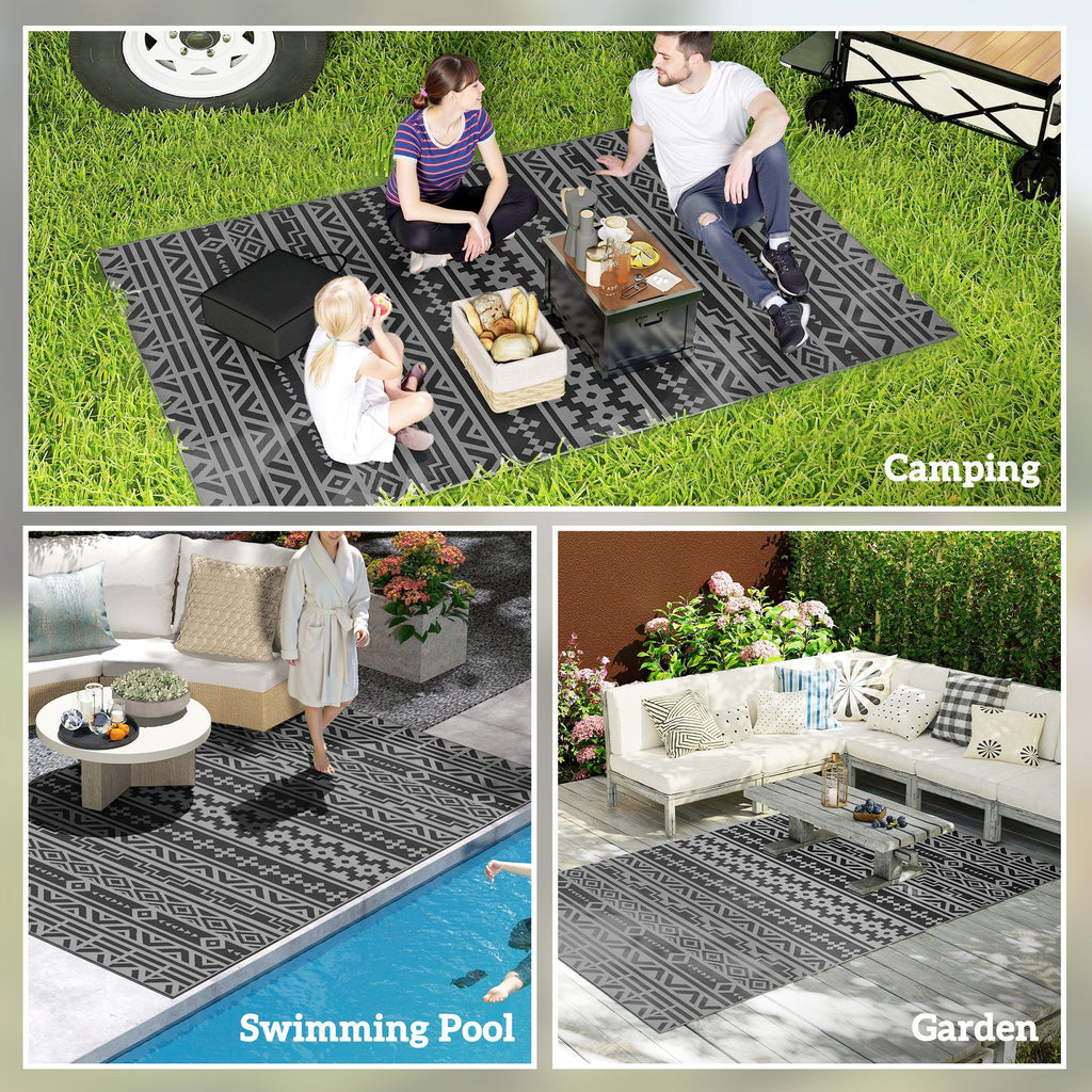 Reversible Outdoor Rug, Waterproof Plastic Straw with Carry Bag, 6' x 9', Black & Gray Geometric Wall