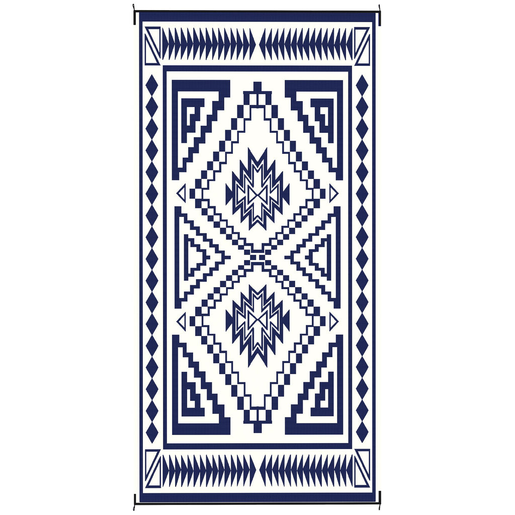 Reversible Outdoor Rug, Waterproof Plastic Straw with Carry Bag, 9' x 18', Blue & White Square Patchwork