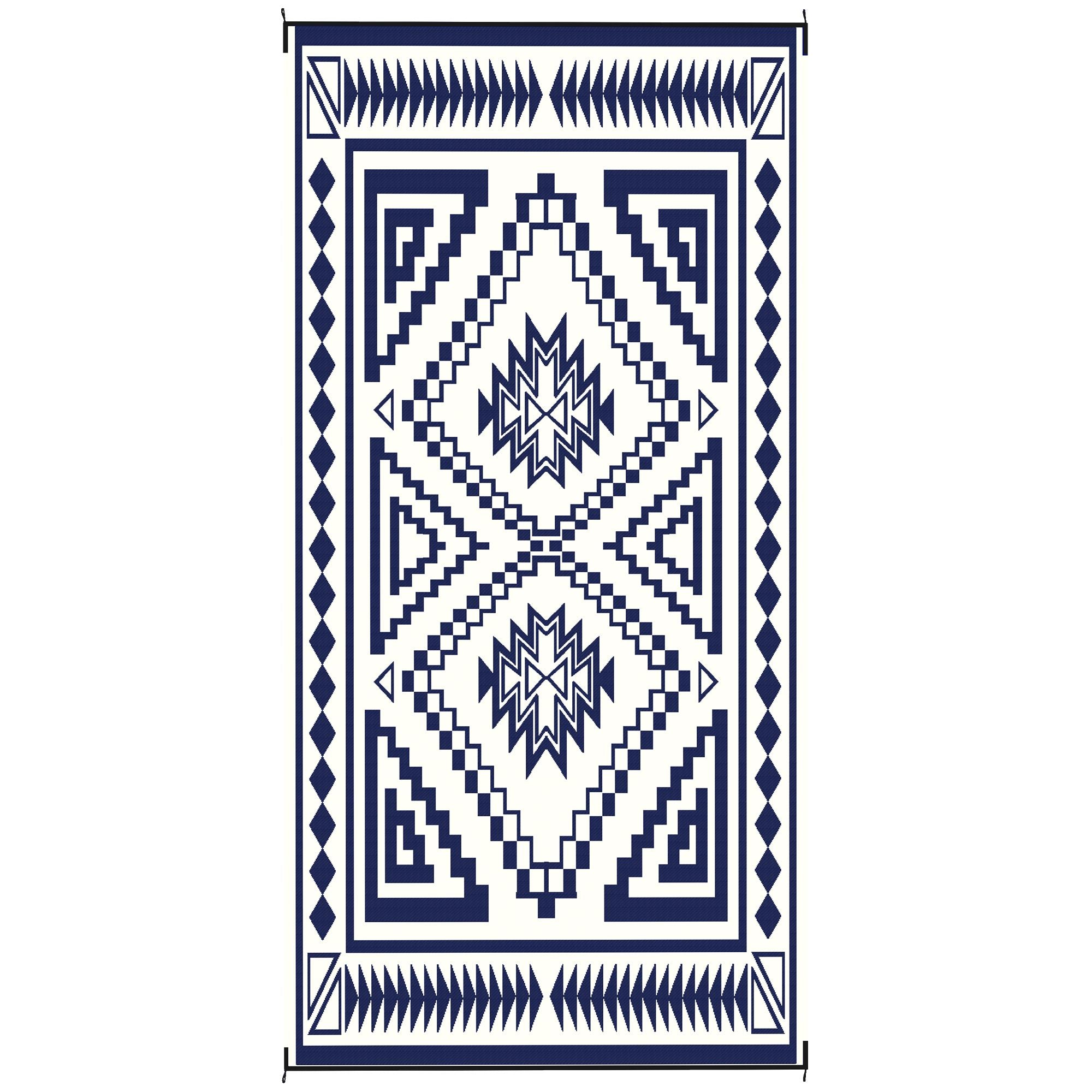 Reversible Outdoor Rug, Waterproof Plastic Straw with Carry Bag, 9' x 18', Blue & White Square Patchwork