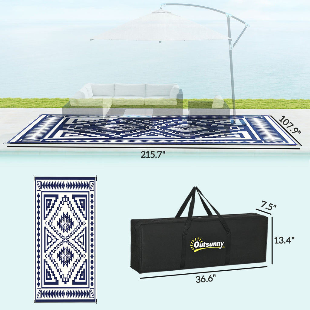 Reversible Outdoor Rug, Waterproof Plastic Straw with Carry Bag, 9' x 18', Blue & White Square Patchwork