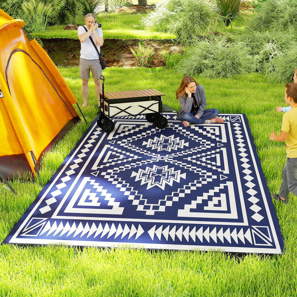 Reversible Outdoor Rug, Waterproof Plastic Straw with Carry Bag, 9' x 18', Blue & White Square Patchwork