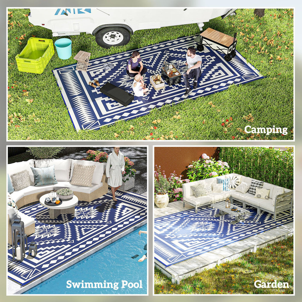Reversible Outdoor Rug, Waterproof Plastic Straw with Carry Bag, 9' x 18', Blue & White Square Patchwork