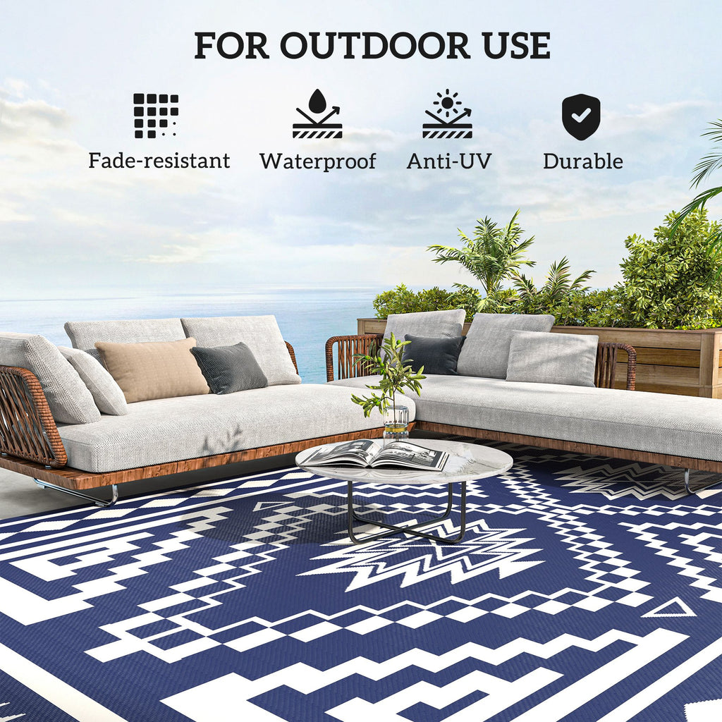 Reversible Outdoor Rug, Waterproof Plastic Straw with Carry Bag, 9' x 18', Blue & White Square Patchwork