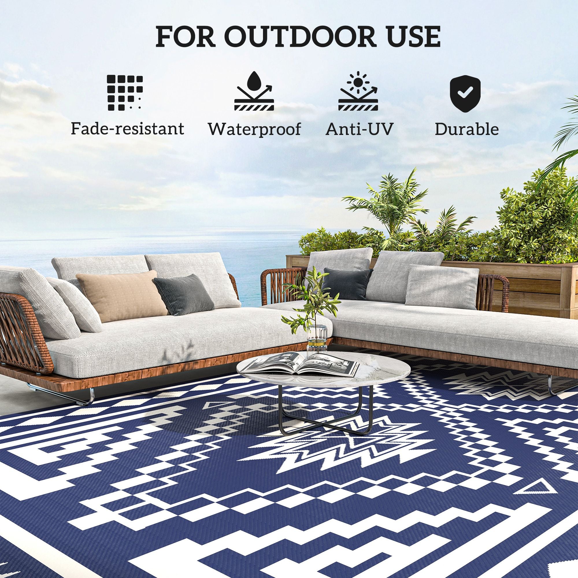 Reversible Outdoor Rug, Waterproof Plastic Straw with Carry Bag, 9' x 18', Blue & White Square Patchwork