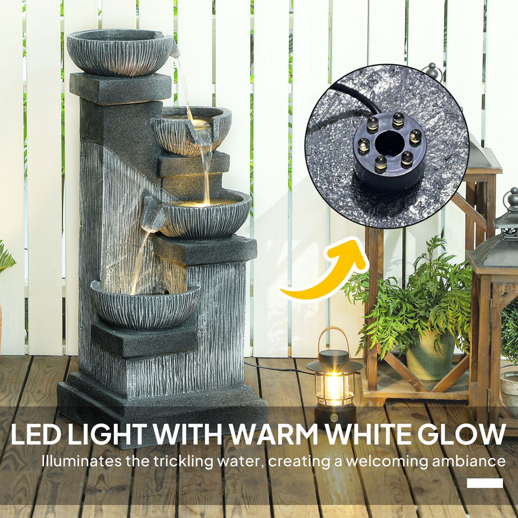 33.5" Water Fountain, 4-Tier Resin Cascading Bowls Outdoor Waterfall Fountain with LED Lights, Pump