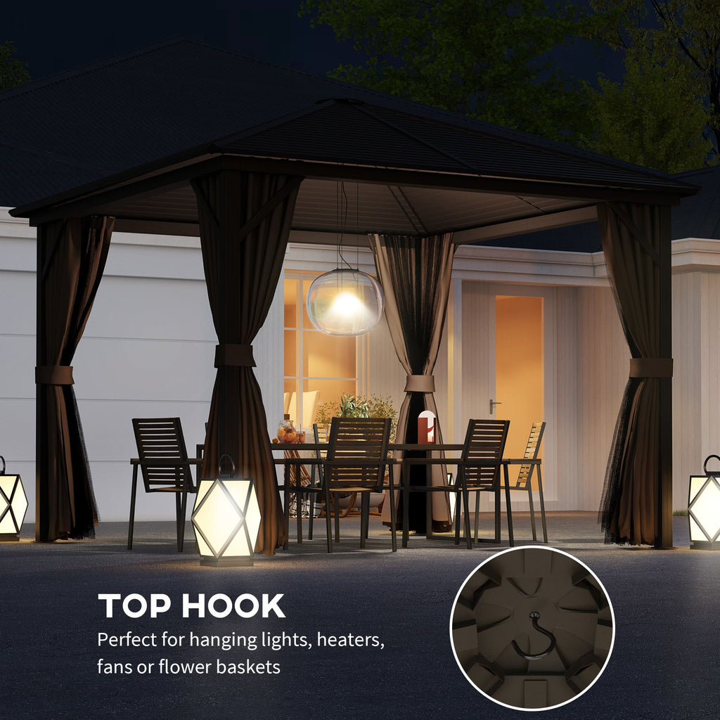 10' x 10' Hardtop Gazebo Canopy, Permanent Pavilion with Hook, Curtains, Aluminum Frame for Patio, Garden, Dark Brown