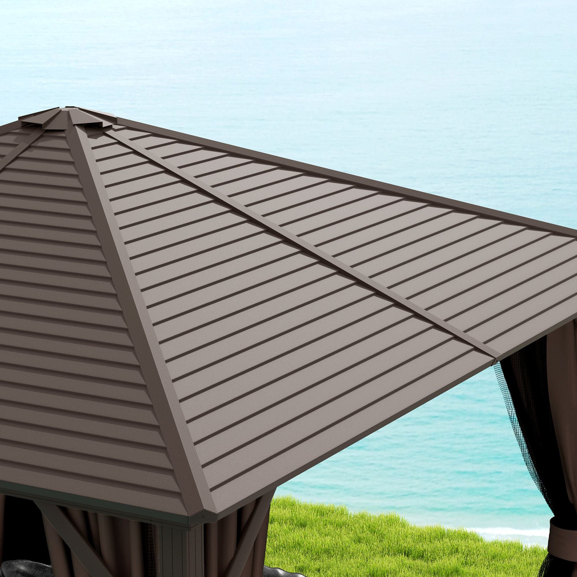 10' x 10' Hardtop Gazebo Canopy, Permanent Pavilion with Hook, Curtains, Aluminum Frame for Patio, Garden, Dark Brown