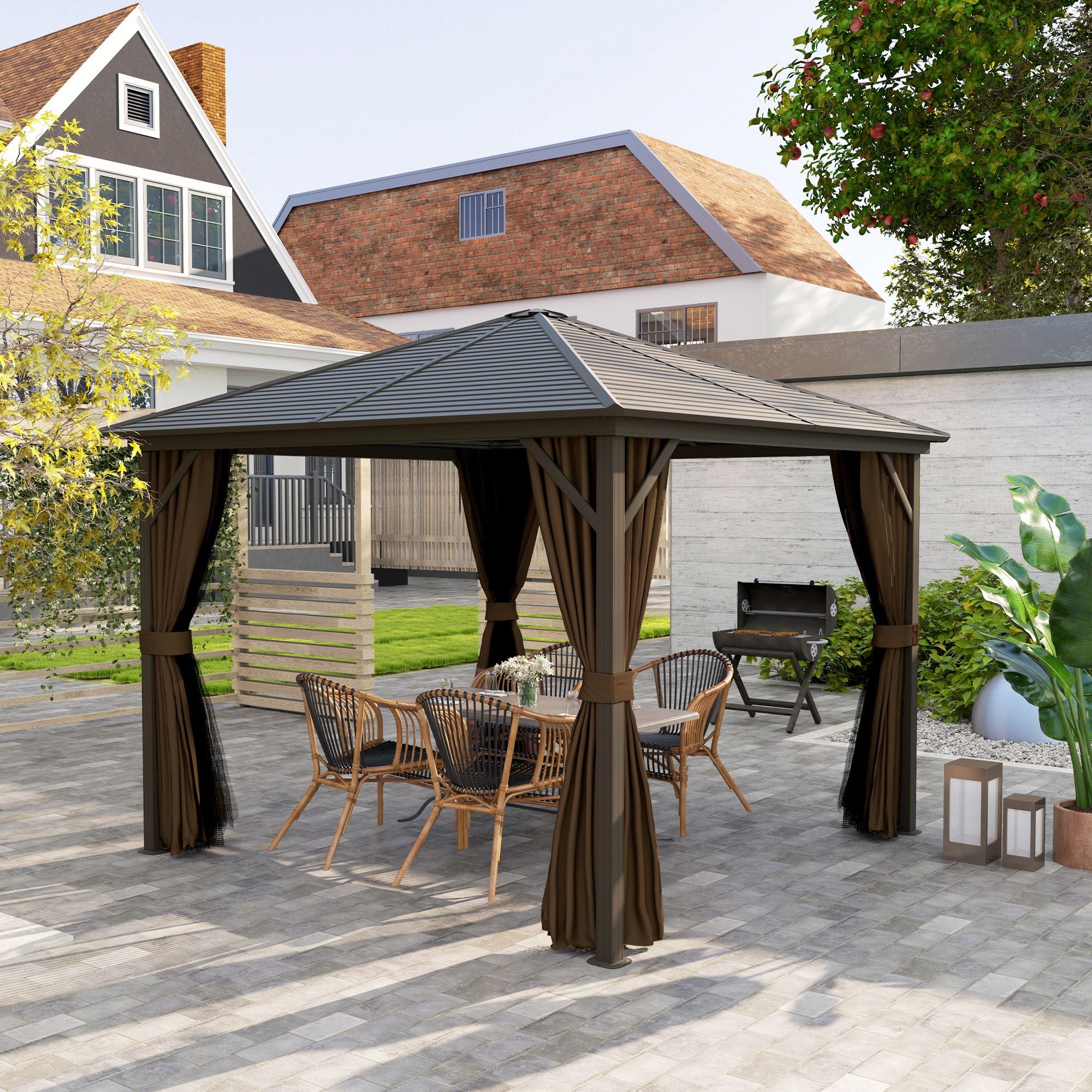 10' x 10' Hardtop Gazebo Canopy, Permanent Pavilion with Hook, Curtains, Aluminum Frame for Patio, Garden, Dark Brown