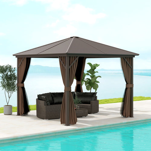 10' x 10' Hardtop Gazebo Canopy, Permanent Pavilion with Hook, Curtains, Aluminum Frame for Patio, Garden, Dark Brown - Image