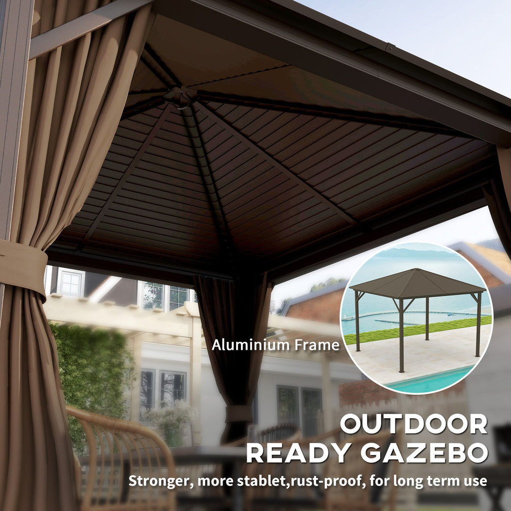 10' x 10' Hardtop Gazebo Canopy, Permanent Pavilion with Hook, Curtains, Aluminum Frame for Patio, Garden, Dark Brown