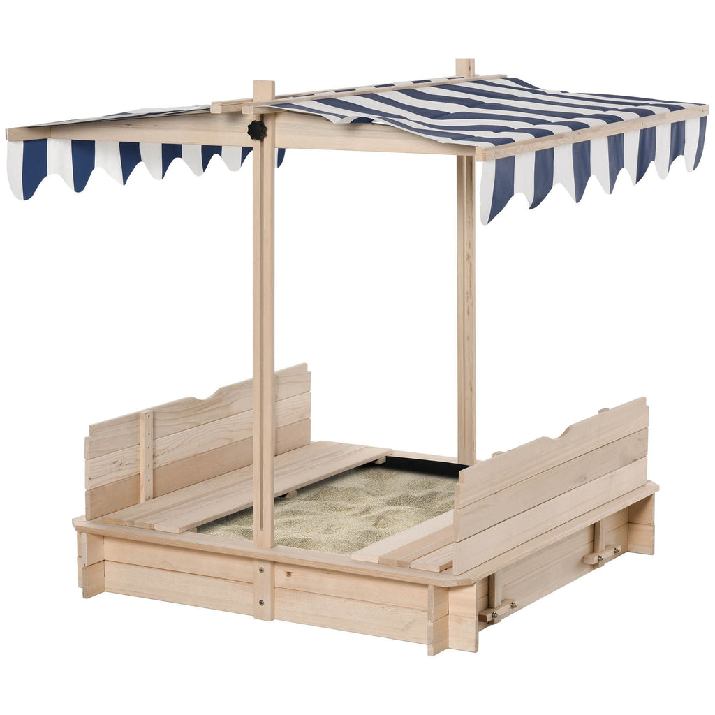 Covered Wooden Sandbox with Adjustable Canopy, Convertible Bench Seat, and Backrests, Bottom Liner, Natural Blue