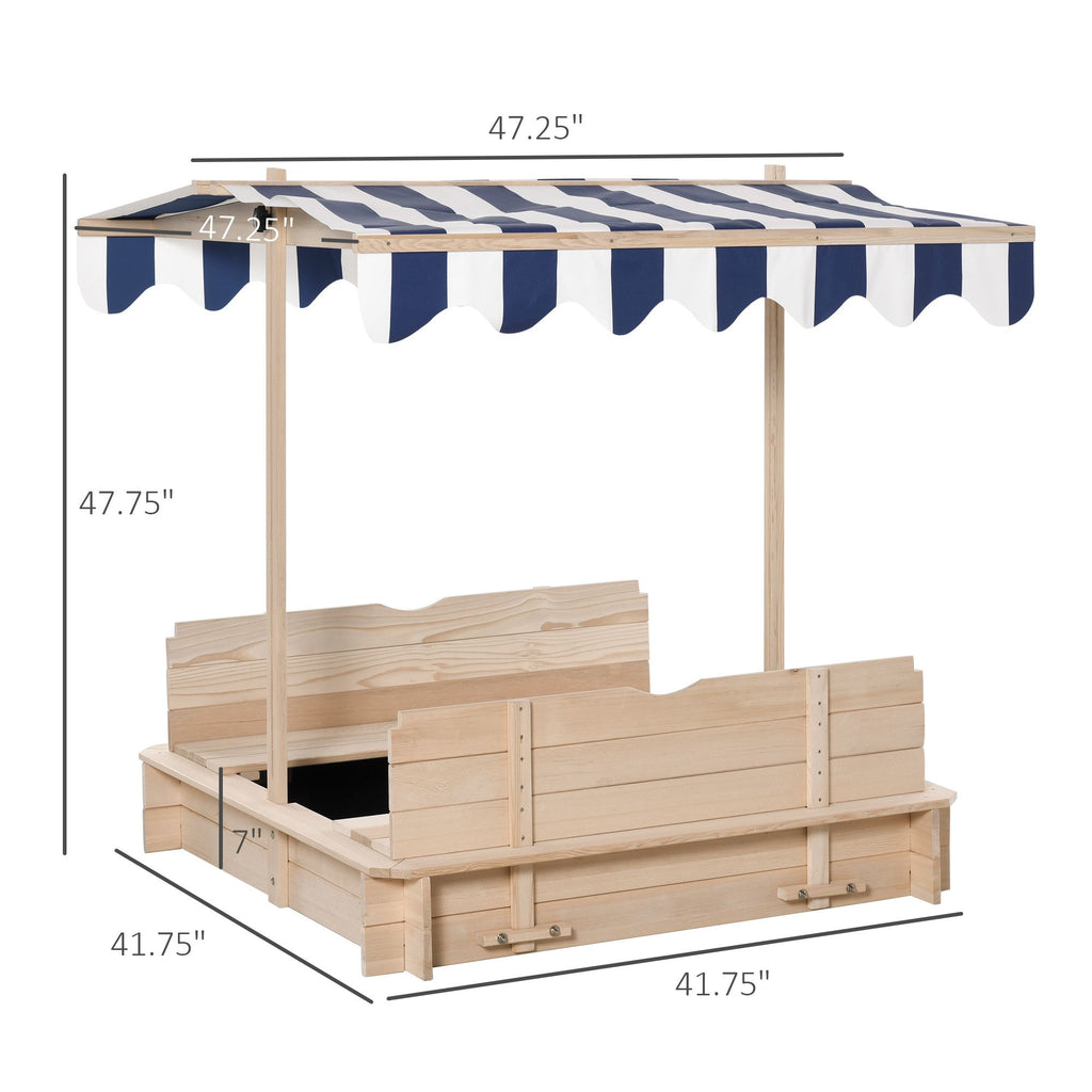 Covered Wooden Sandbox with Adjustable Canopy, Convertible Bench Seat, and Backrests, Bottom Liner, Natural Blue