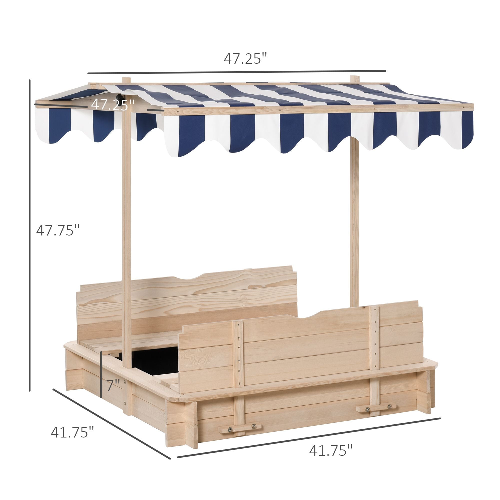 Covered Wooden Sandbox with Adjustable Canopy, Convertible Bench Seat, and Backrests, Bottom Liner, Natural Blue