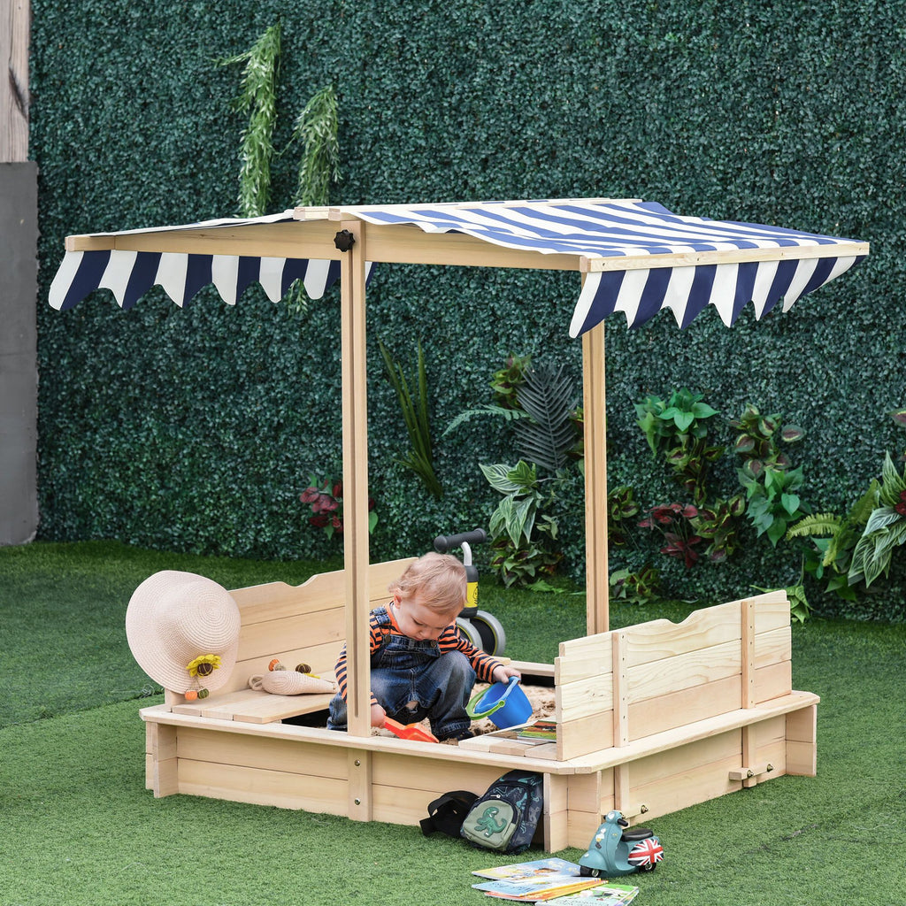 Covered Wooden Sandbox with Adjustable Canopy, Convertible Bench Seat, and Backrests, Bottom Liner, Natural Blue