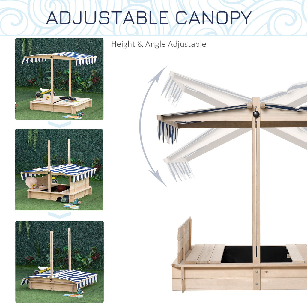 Covered Wooden Sandbox with Adjustable Canopy, Convertible Bench Seat, and Backrests, Bottom Liner, Natural Blue