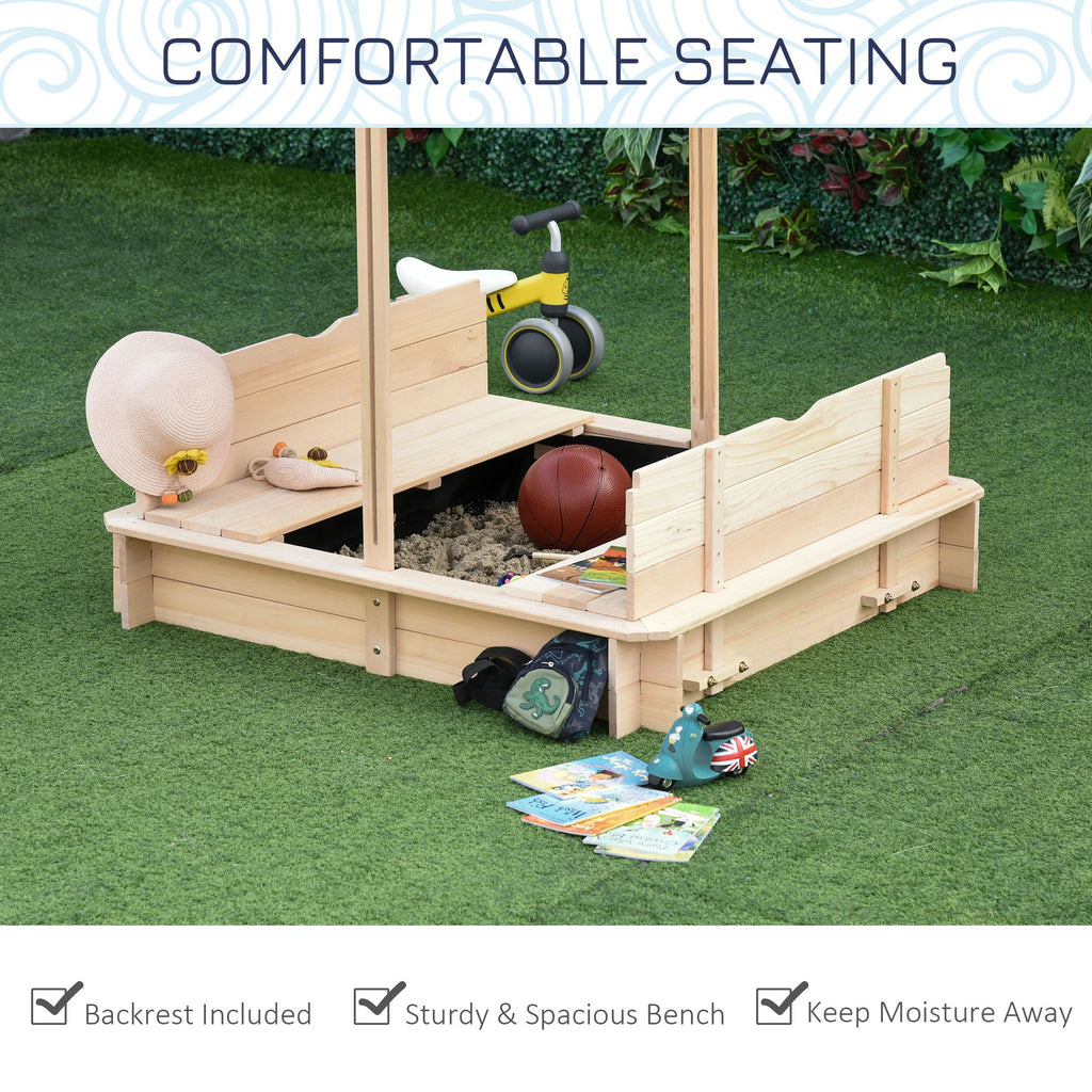 Covered Wooden Sandbox with Adjustable Canopy, Convertible Bench Seat, and Backrests, Bottom Liner, Natural Blue