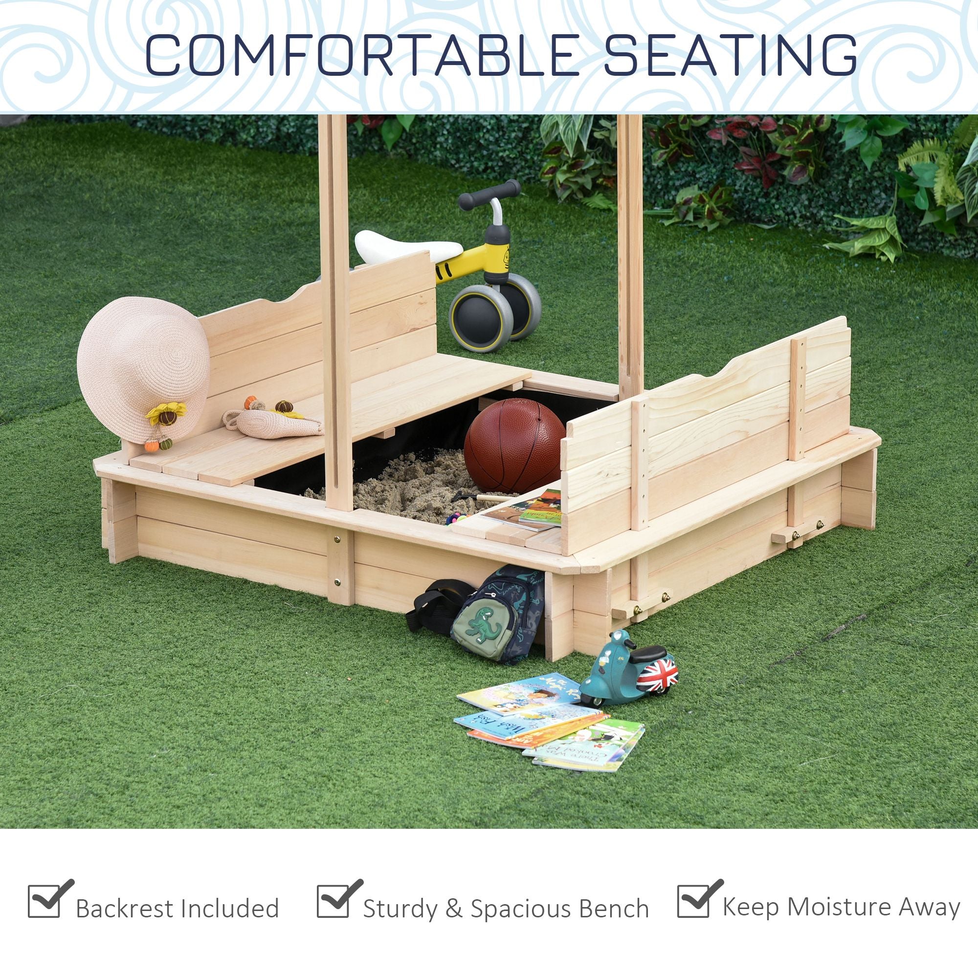Covered Wooden Sandbox with Adjustable Canopy, Convertible Bench Seat, and Backrests, Bottom Liner, Natural Blue