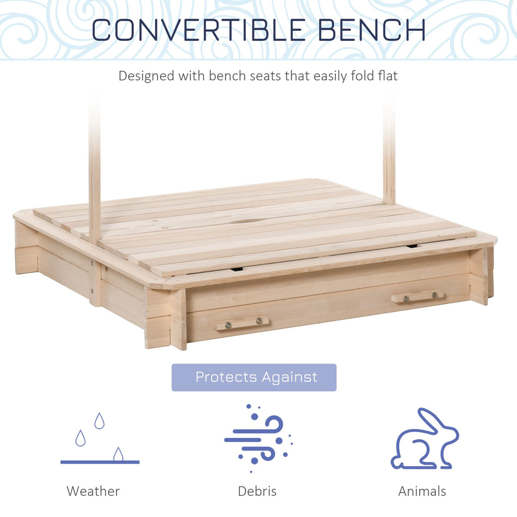 Covered Wooden Sandbox with Adjustable Canopy, Convertible Bench Seat, and Backrests, Bottom Liner, Natural Blue