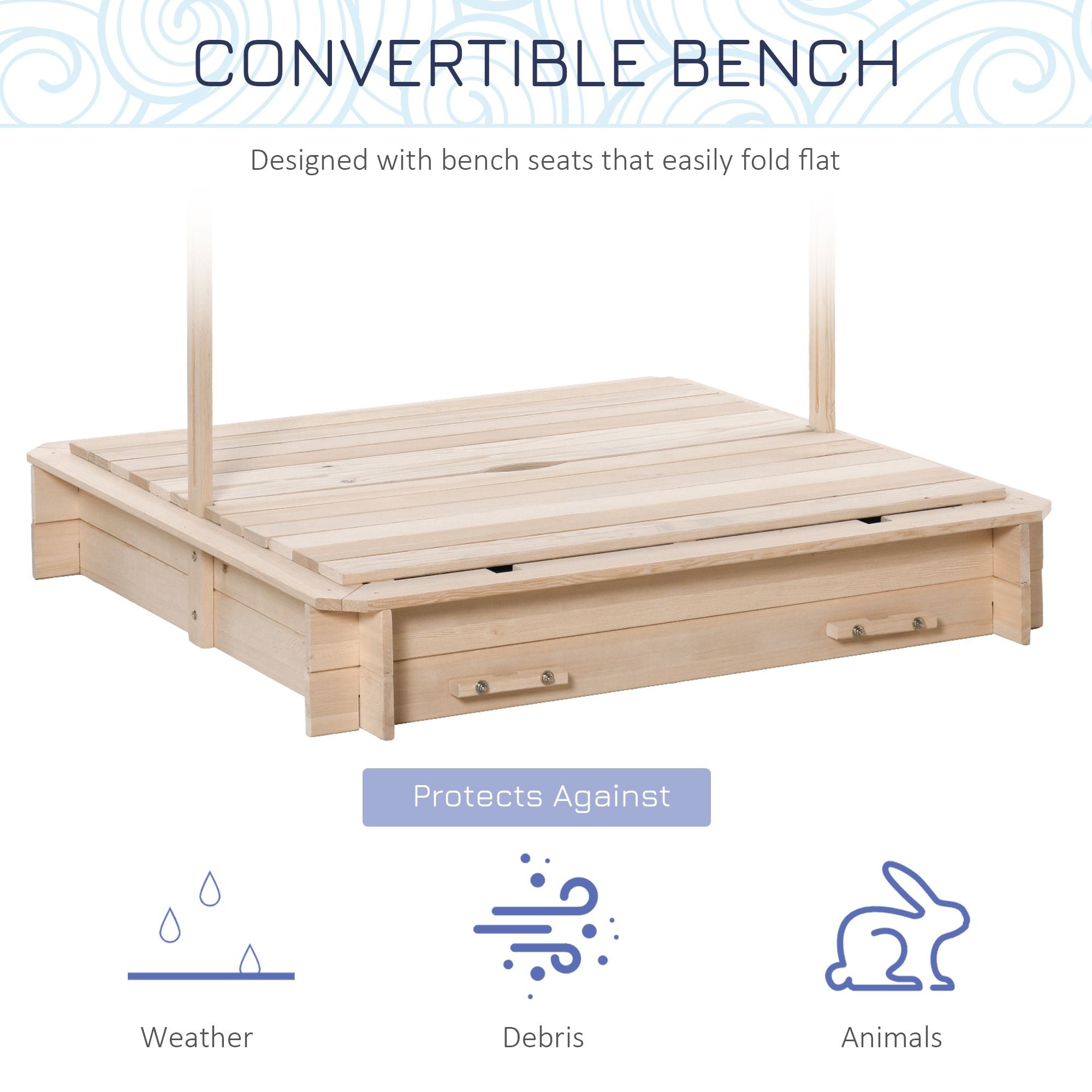 Covered Wooden Sandbox with Adjustable Canopy, Convertible Bench Seat, and Backrests, Bottom Liner, Natural Blue