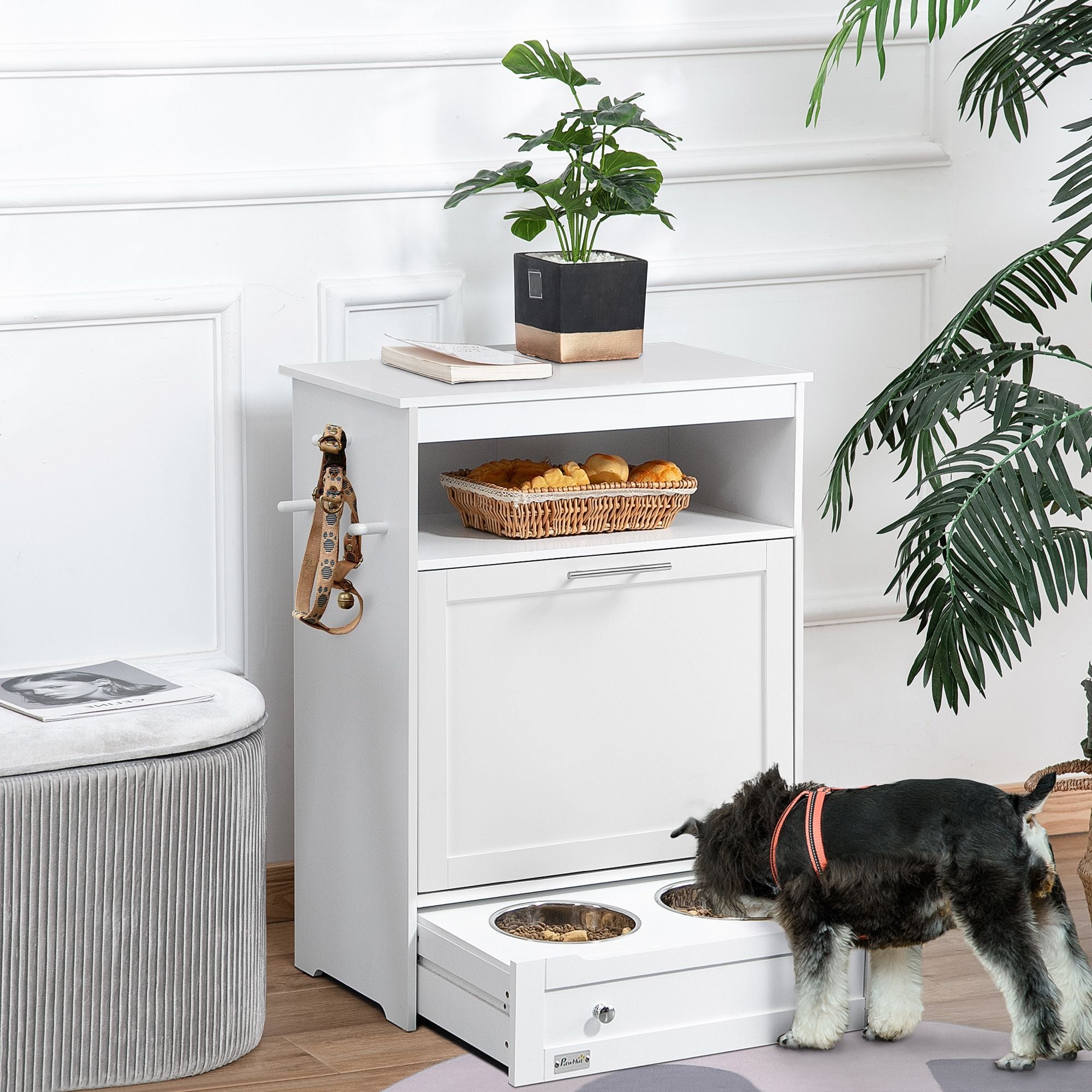 Pet Feeder Station with Storage, Dog Food Storage Container with 2 Raised Dog Bowls, White