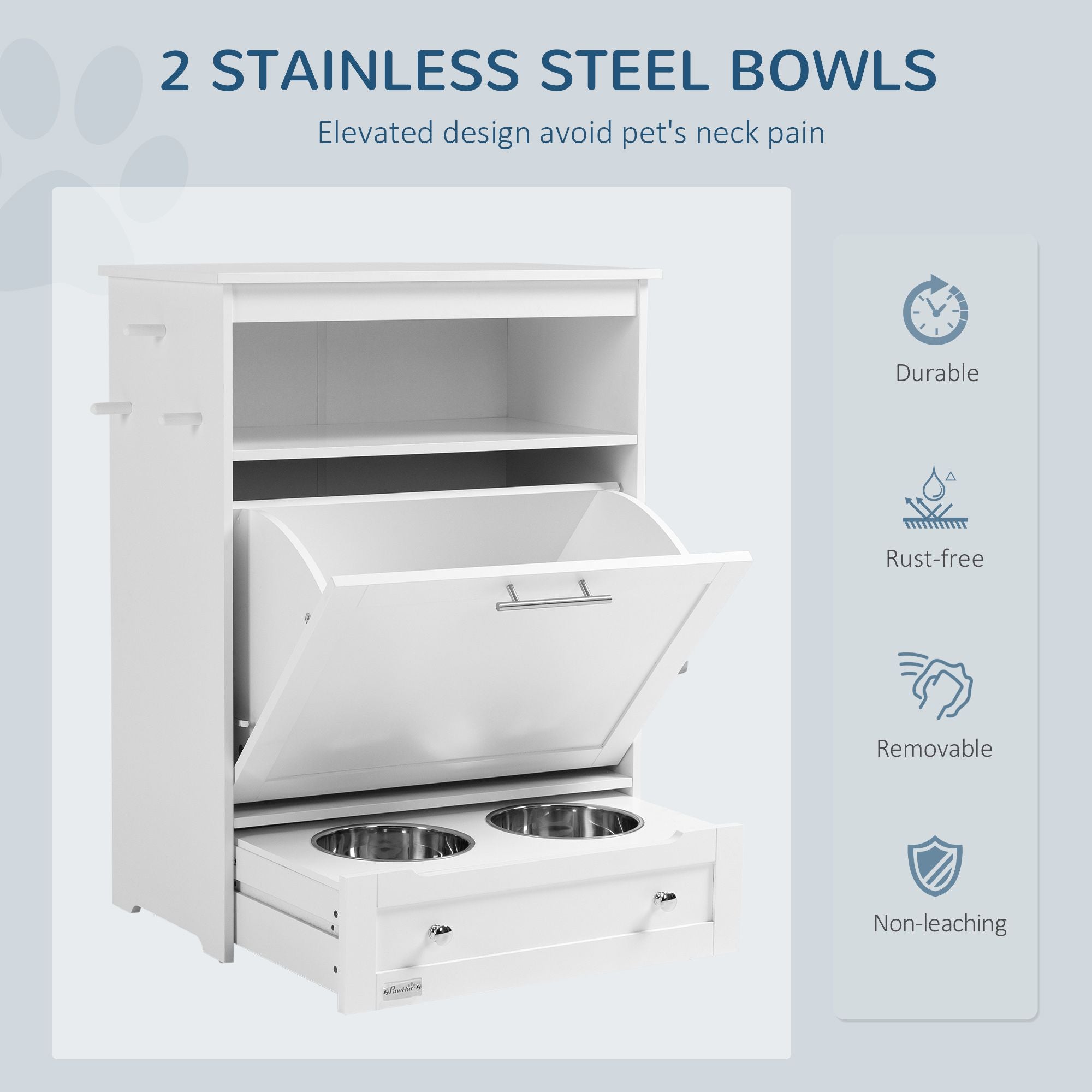 Pet Feeder Station with Storage, Dog Food Storage Container with 2 Raised Dog Bowls, White