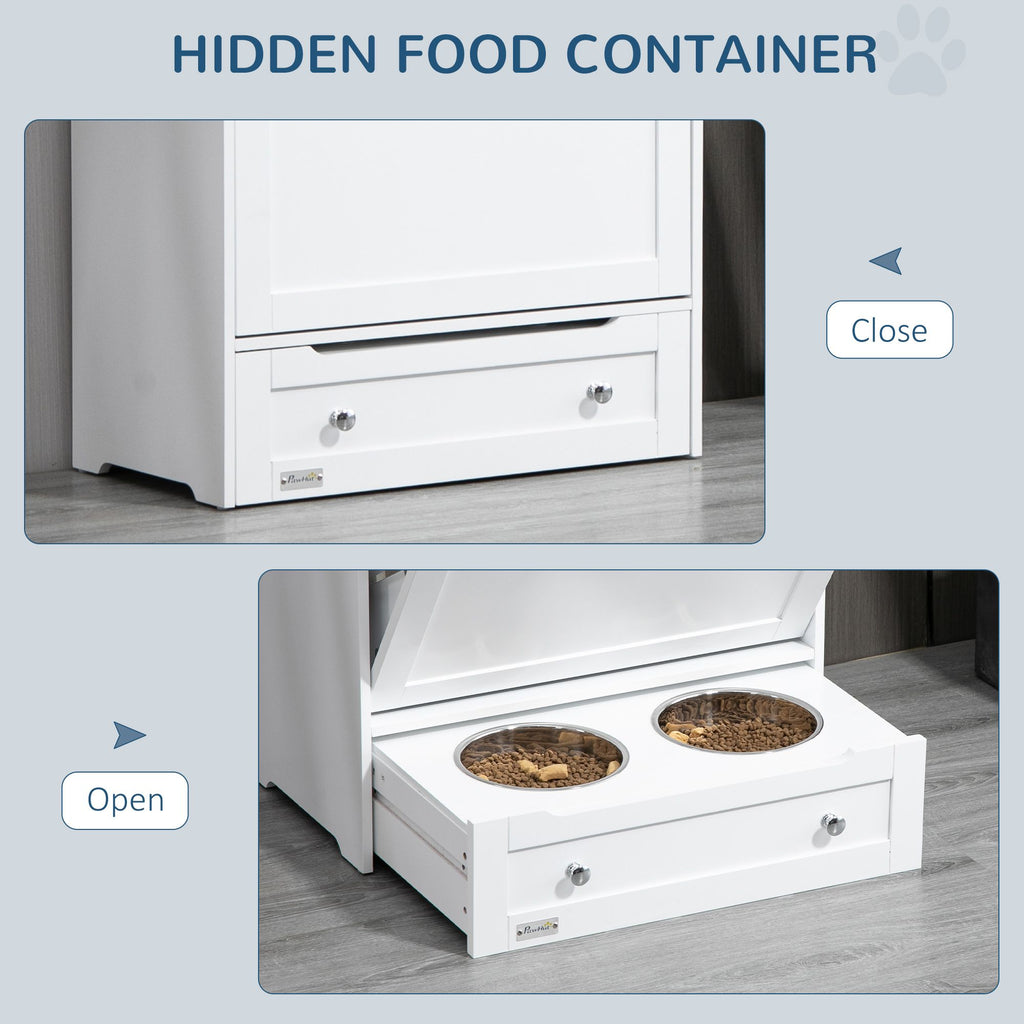Pet Feeder Station with Storage, Dog Food Storage Container with 2 Raised Dog Bowls, White