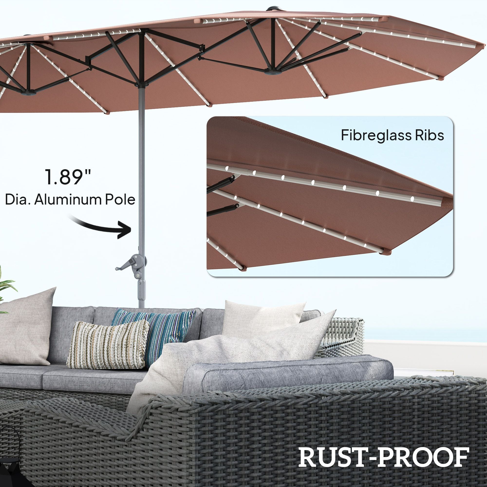 15ft Double-Sided Outdoor Umbrella with Solar Lights, UPF50+ Extra Large Aluminum Patio Umbrella with Crank, Tan