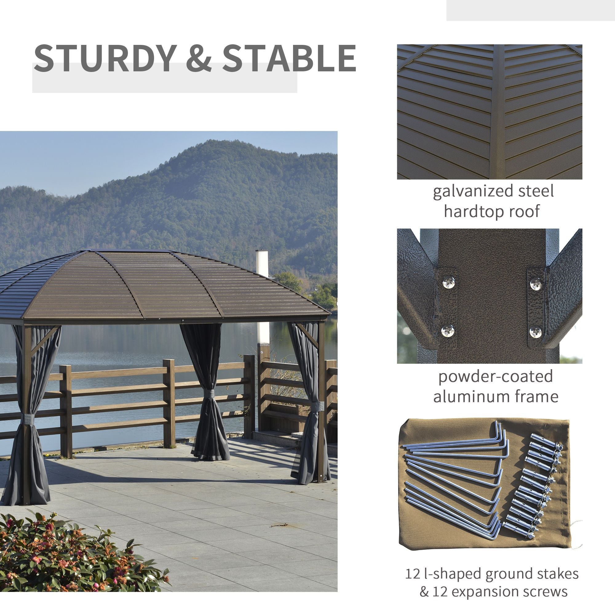 10x13 Gray Hardtop Gazebo with Steel Roof Curtains Netting Pavilion Ceiling Hook for Patio Garden