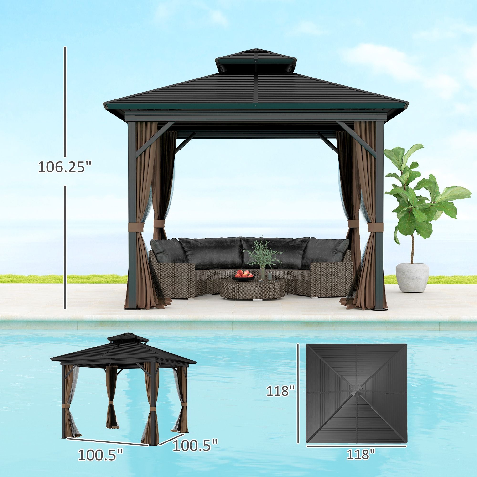 10' x 10' Hardtop Gazebo with Aluminum Frame, Metal Roof Gazebo Canopy w/ Hook, Curtains included, Dark Brown
