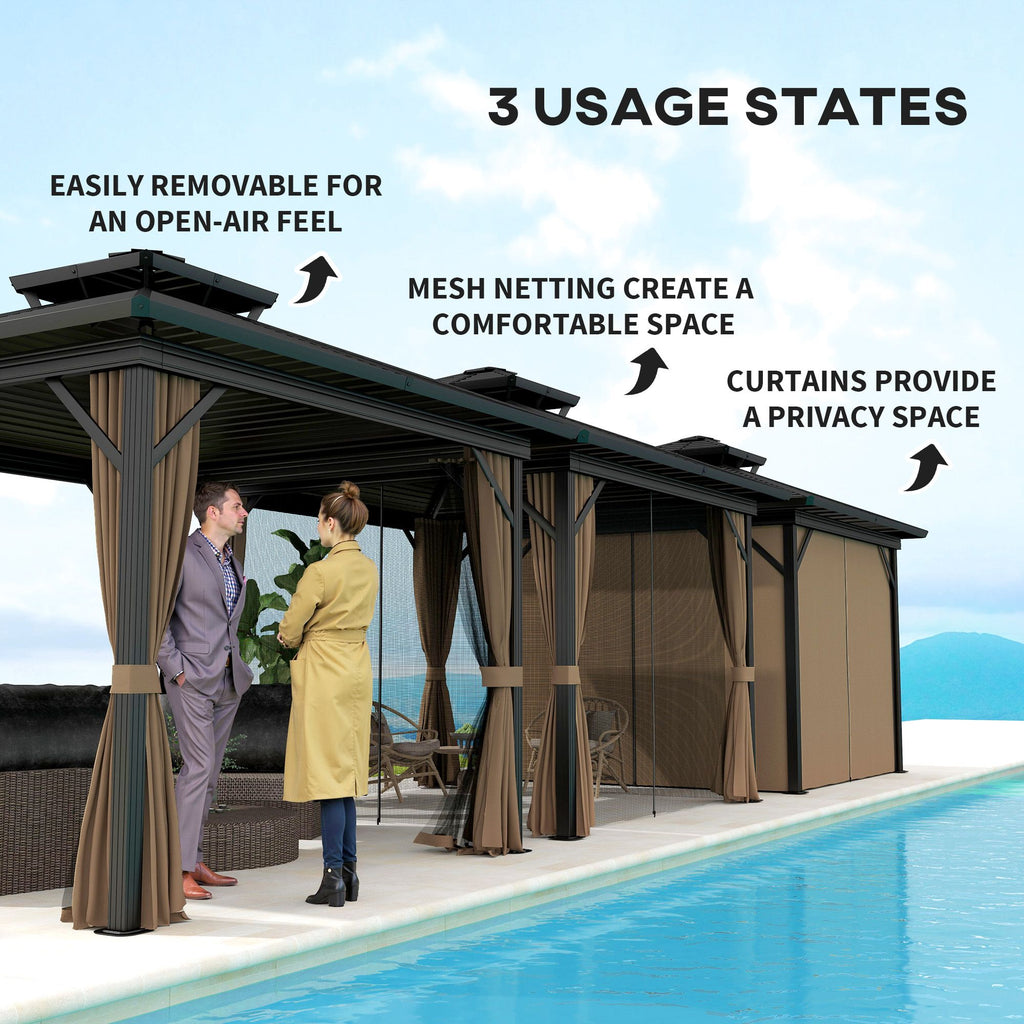 10' x 10' Hardtop Gazebo with Aluminum Frame, Metal Roof Gazebo Canopy w/ Hook, Curtains included, Dark Brown