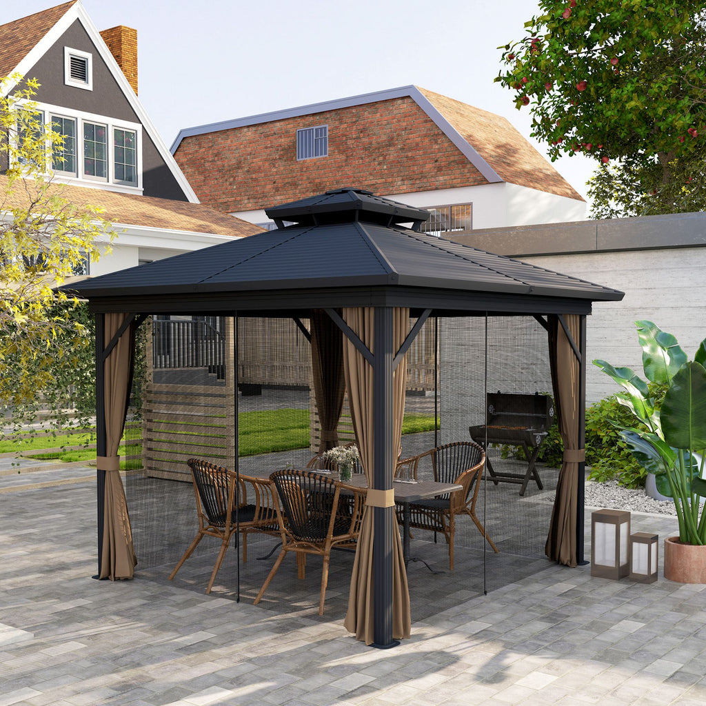 10' x 10' Hardtop Gazebo with Aluminum Frame, Metal Roof Gazebo Canopy w/ Hook, Curtains included, Dark Brown